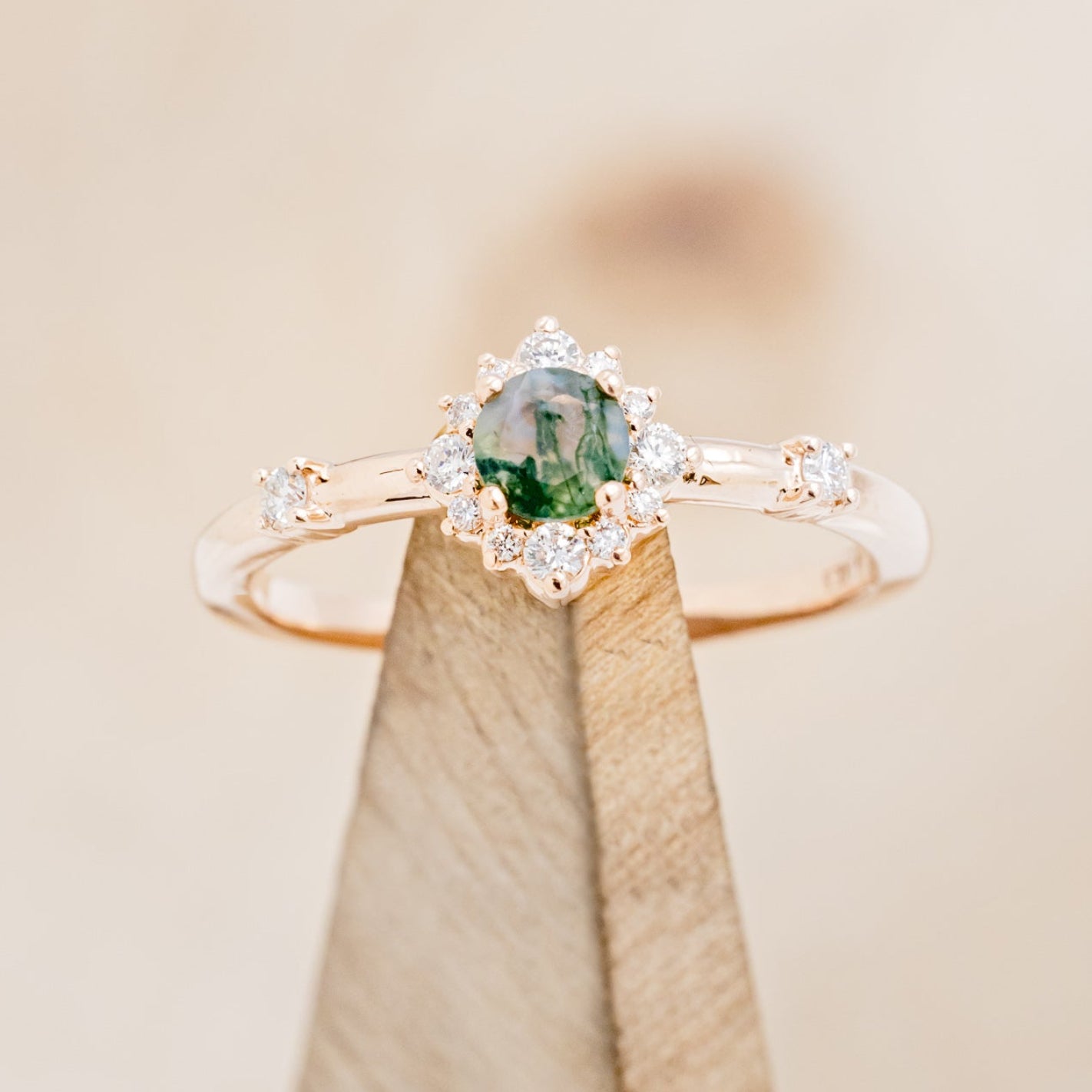 "STARLA" - ROUND CUT MOSS AGATE ENGAGEMENT RING WITH A STARBURST DIAMOND HALO-7