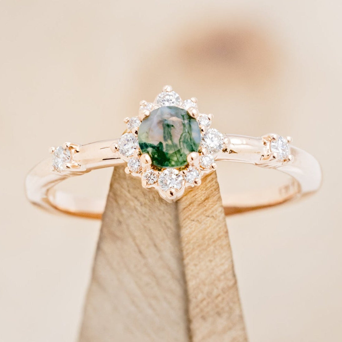 "STARLA" - ROUND CUT MOSS AGATE ENGAGEMENT RING WITH A STARBURST DIAMOND HALO-7