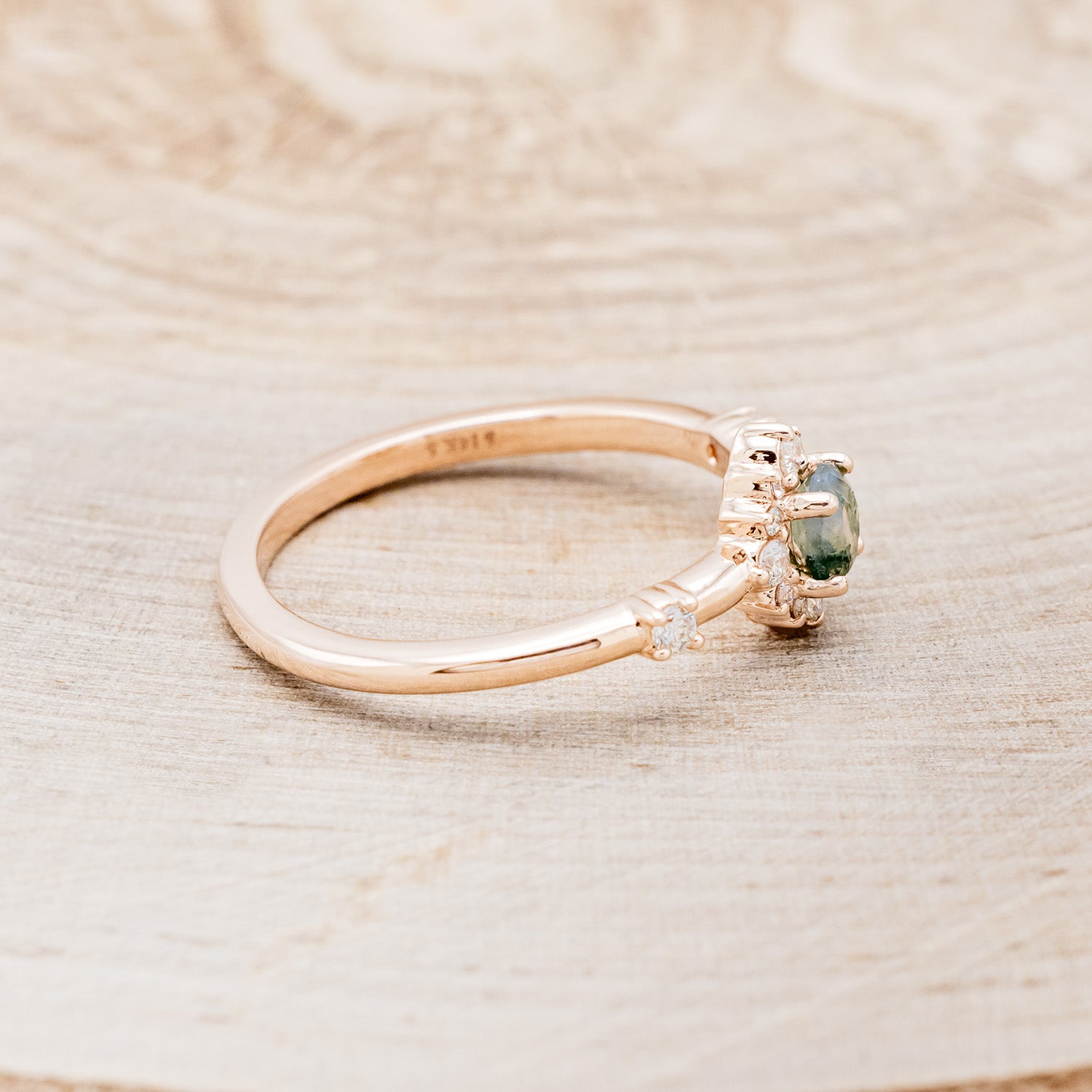 "STARLA" - ROUND CUT MOSS AGATE ENGAGEMENT RING WITH A STARBURST DIAMOND HALO-8