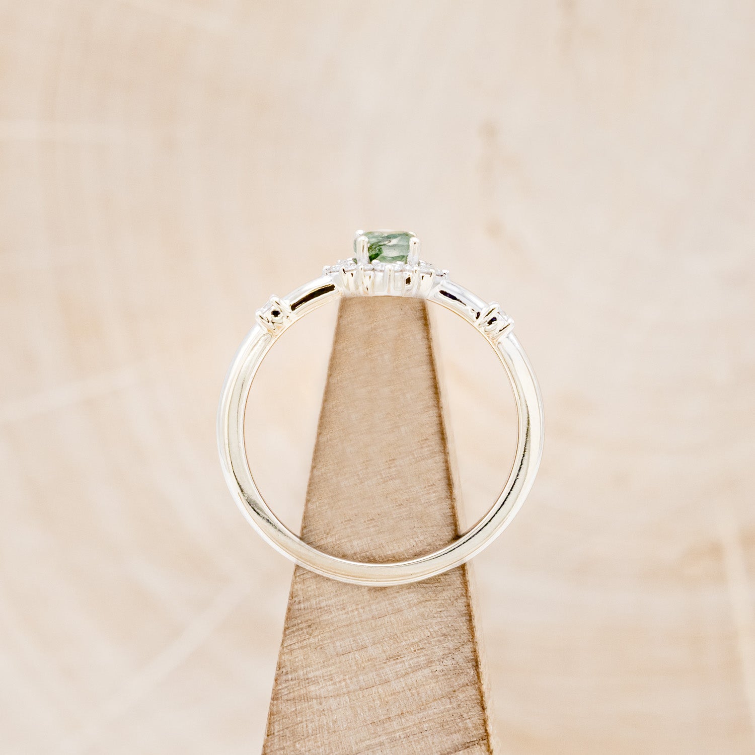 "STARLA" - ROUND CUT MOSS AGATE ENGAGEMENT RING WITH A STARBURST DIAMOND HALO-18