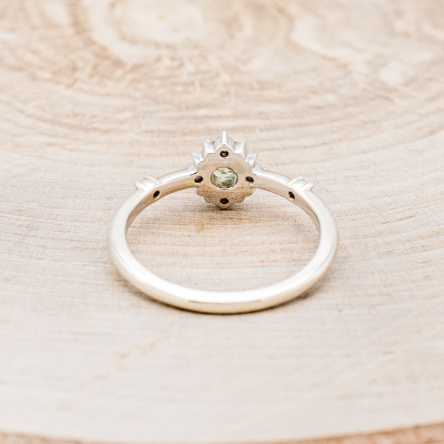 "STARLA" - ROUND CUT MOSS AGATE ENGAGEMENT RING WITH A STARBURST DIAMOND HALO-17