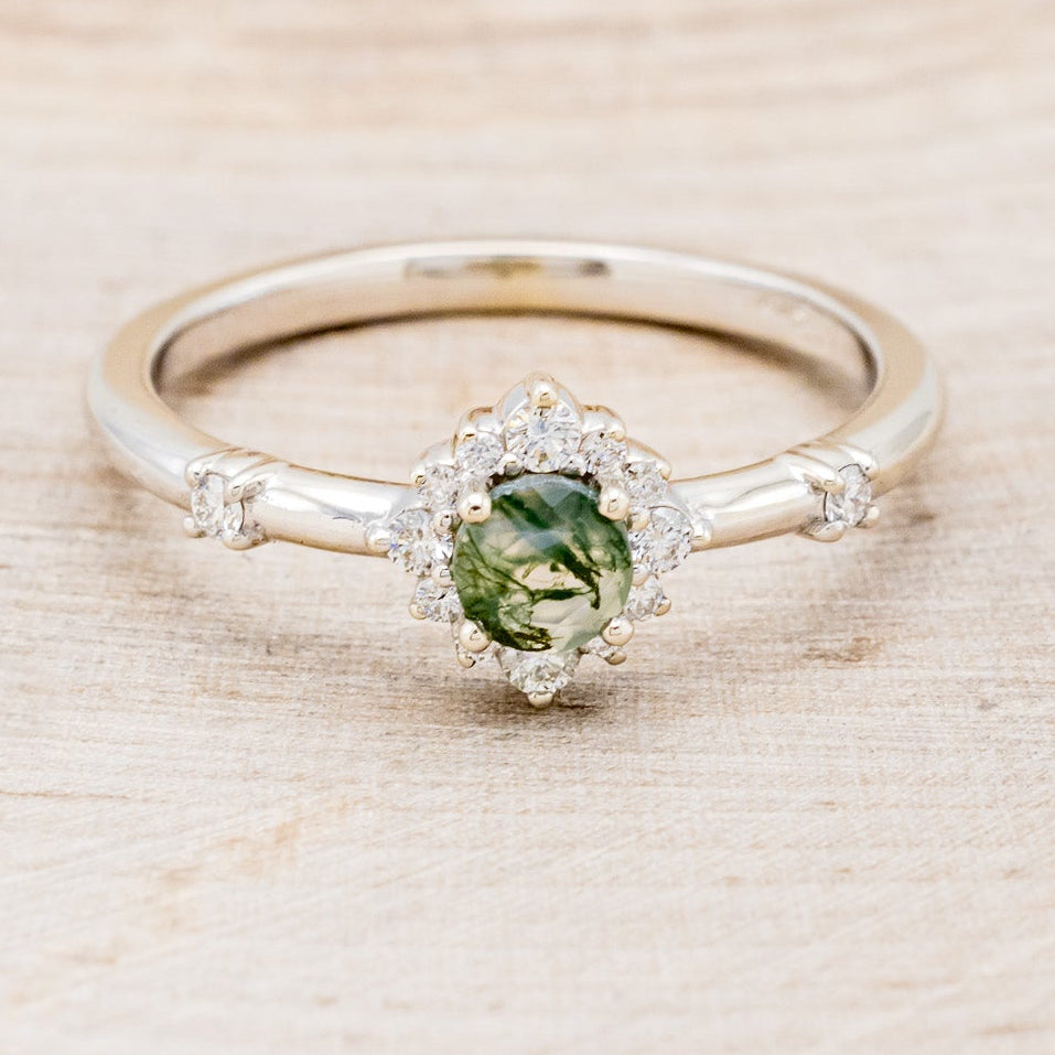 "STARLA" - ROUND CUT MOSS AGATE ENGAGEMENT RING WITH A STARBURST DIAMOND HALO-16