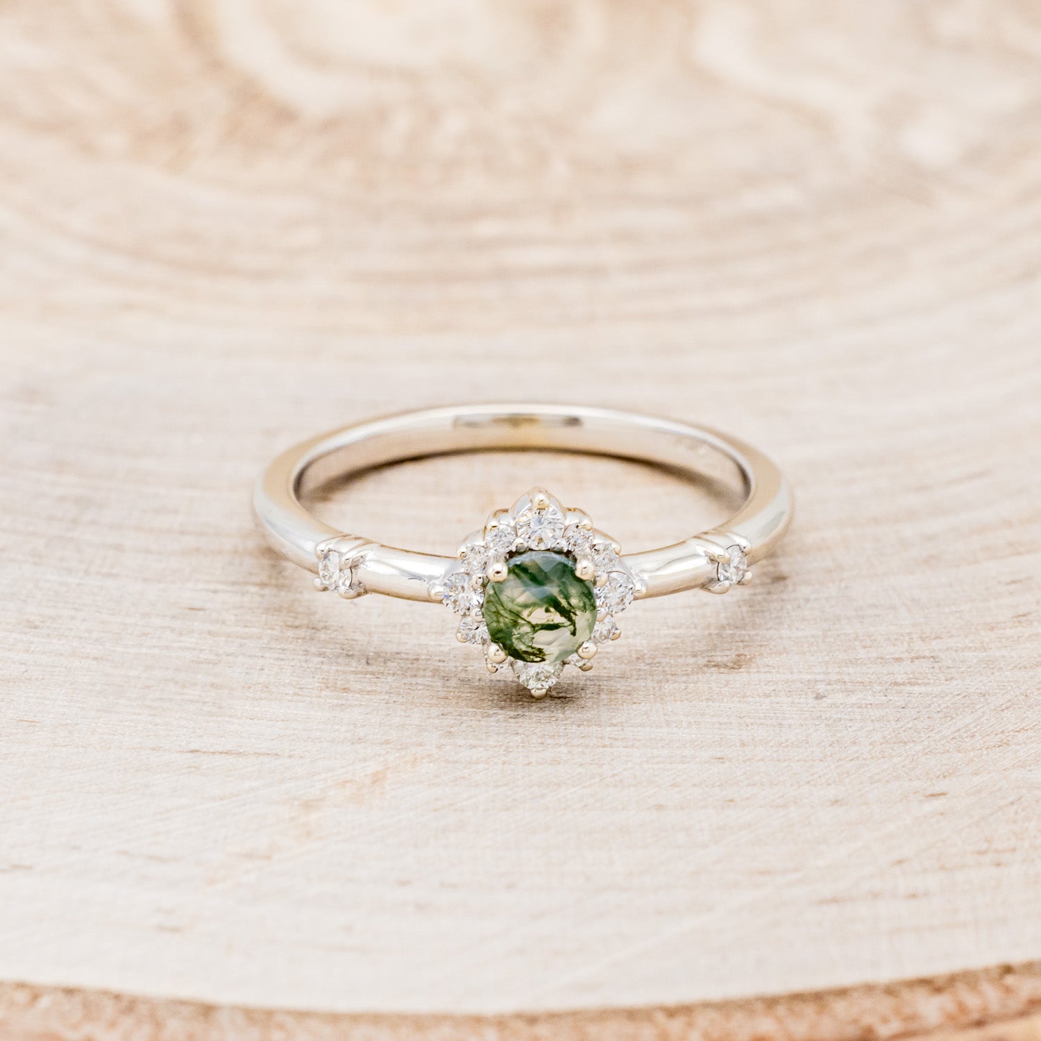 "STARLA" - ROUND CUT MOSS AGATE ENGAGEMENT RING WITH A STARBURST DIAMOND HALO-16