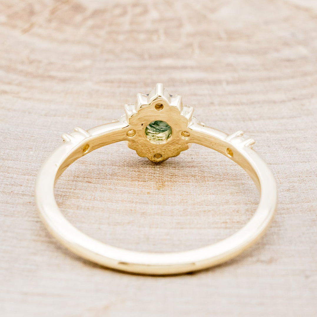 "STARLA" - ROUND CUT MOSS AGATE ENGAGEMENT RING WITH A STARBURST DIAMOND HALO-6