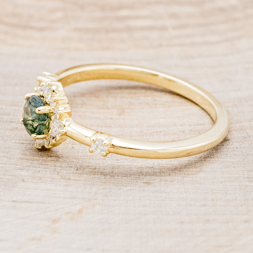 "STARLA" - ROUND CUT MOSS AGATE ENGAGEMENT RING WITH A STARBURST DIAMOND HALO-3