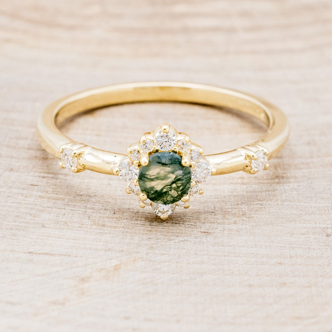 "STARLA" - ROUND CUT MOSS AGATE ENGAGEMENT RING WITH A STARBURST DIAMOND HALO-4