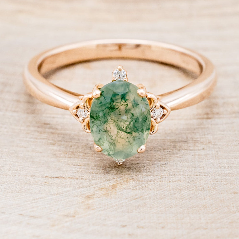 "ZELLA" - OVAL MOSS AGATE ENGAGEMENT RING WITH DIAMOND ACCENTS-10