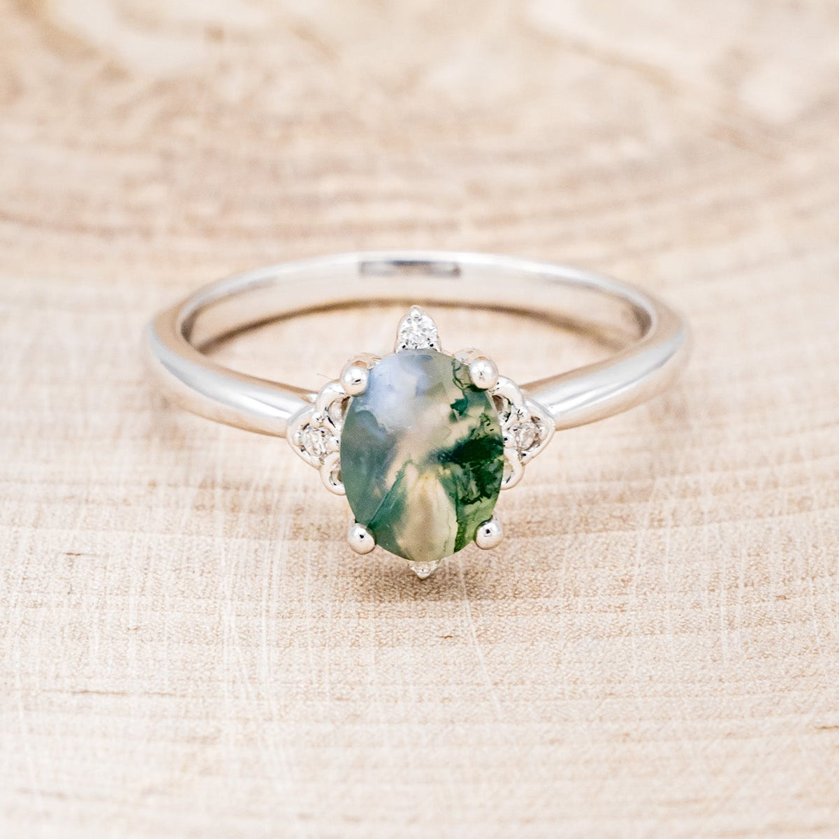 "ZELLA" - OVAL MOSS AGATE ENGAGEMENT RING WITH DIAMOND ACCENTS-4