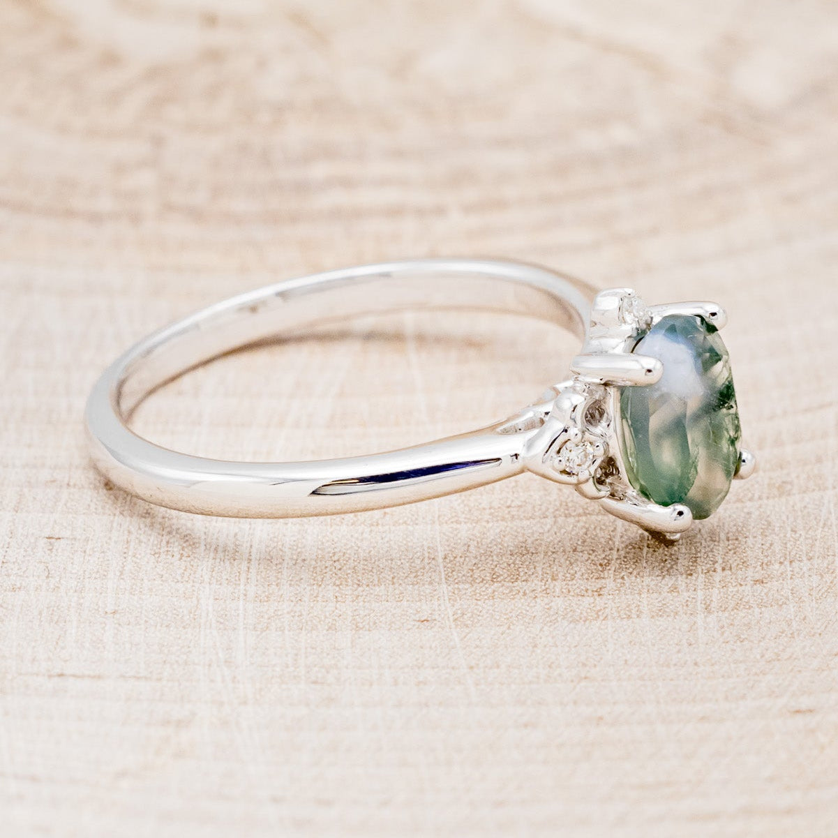 "ZELLA" - OVAL MOSS AGATE ENGAGEMENT RING WITH DIAMOND ACCENTS-2