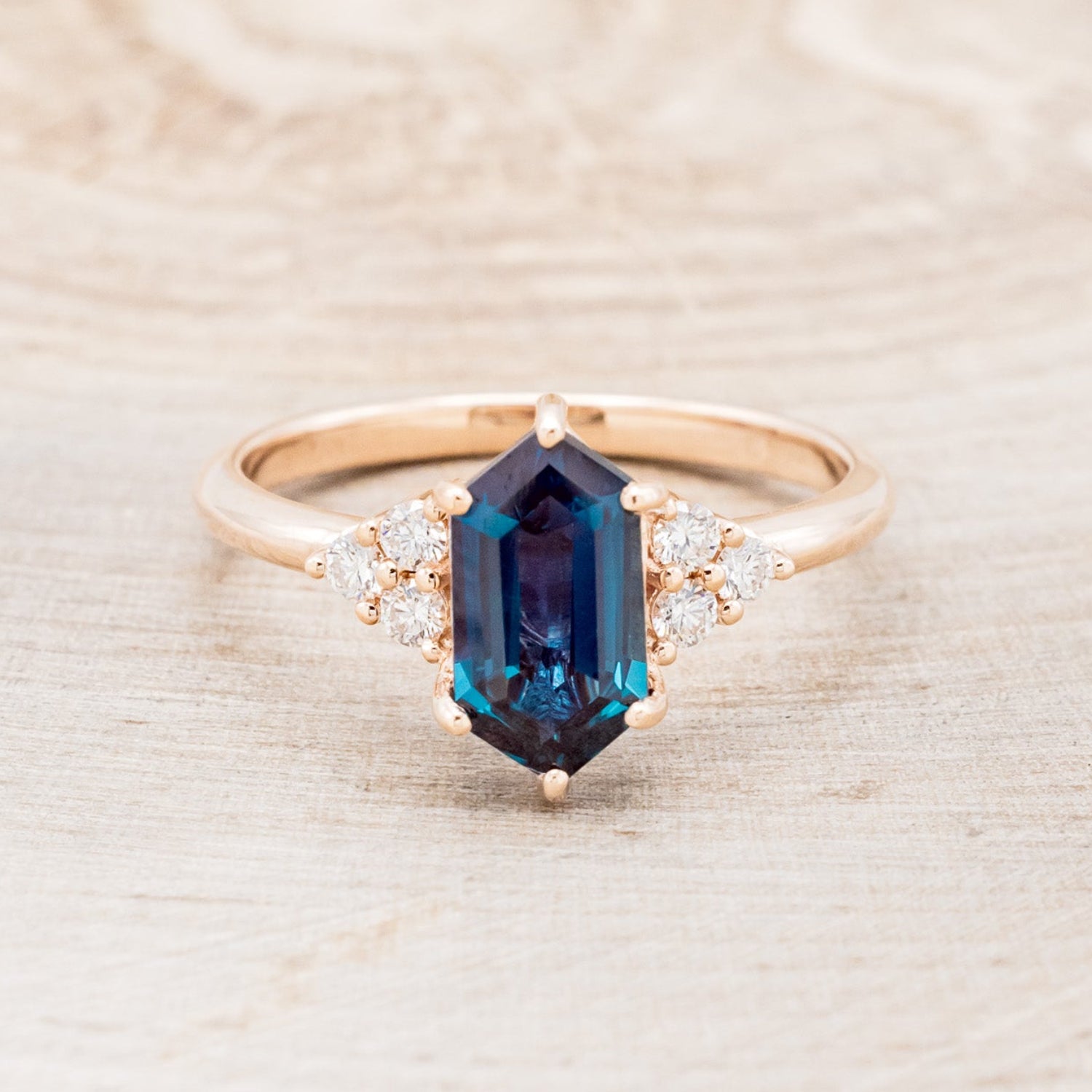 "OCTAVIA" - ELONGATED HEXAGON LAB-GROWN ALEXANDRITE ENGAGEMENT RING WITH DIAMOND ACCENTS-4
