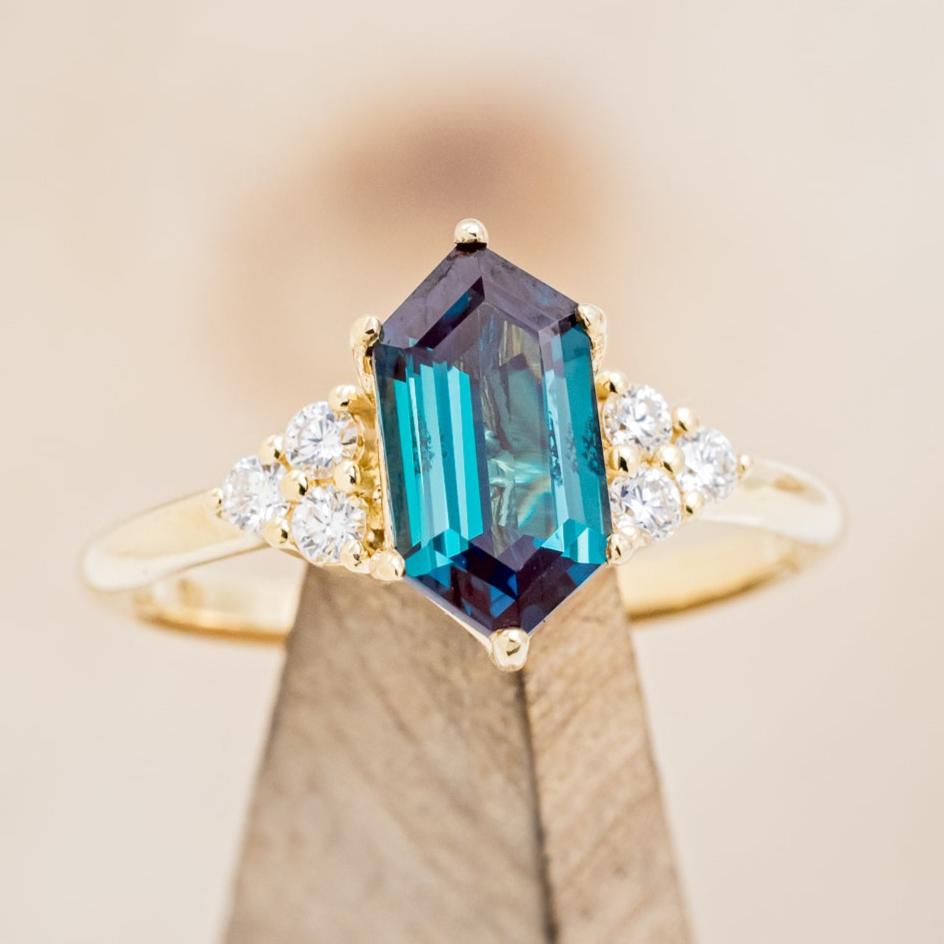 "OCTAVIA" - ELONGATED HEXAGON LAB-GROWN ALEXANDRITE ENGAGEMENT RING WITH DIAMOND ACCENTS-7