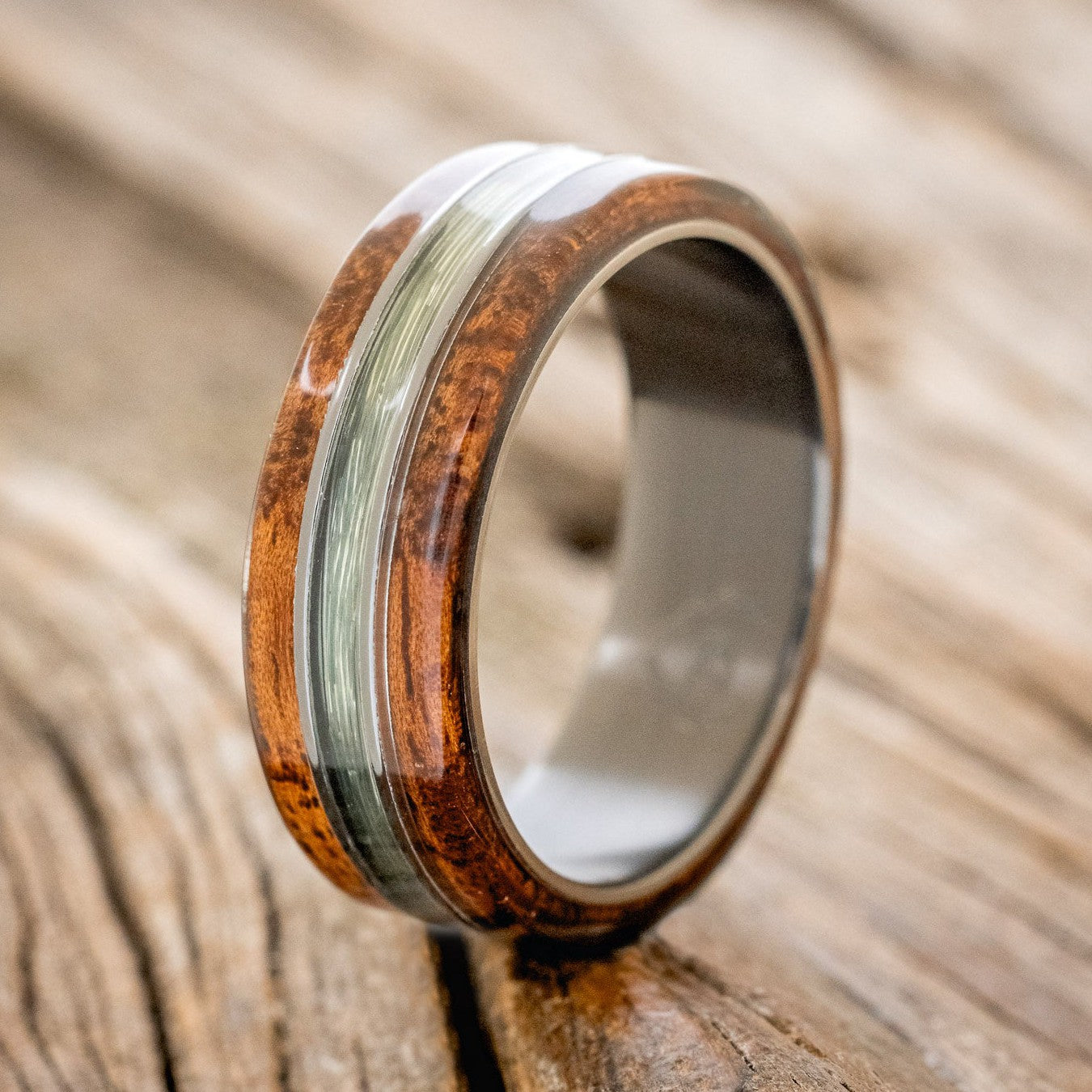 Glen - Koa Wood & Fishing Line Wedding Ring Black Zirconium