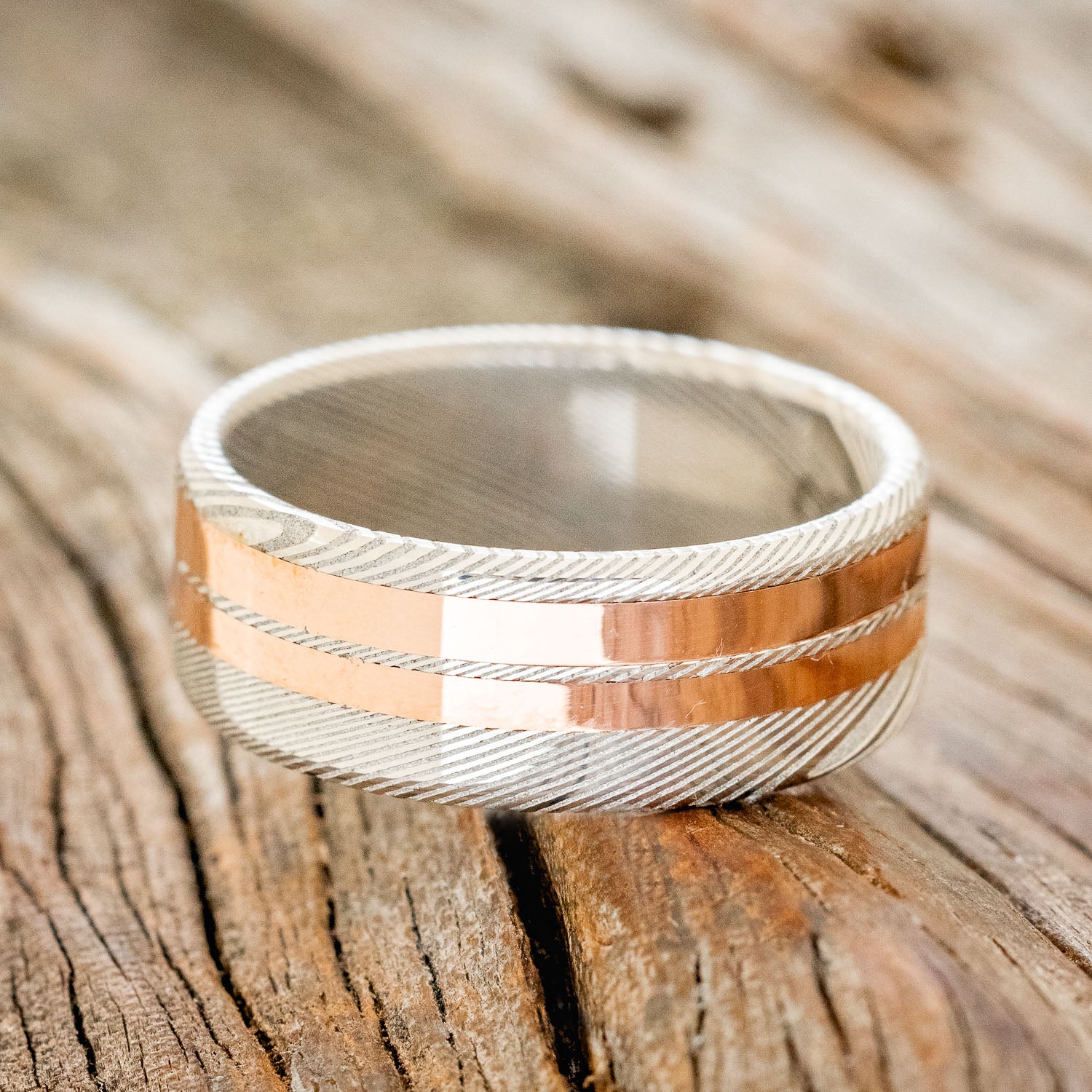 DAMASCUS STEEL & TWO 14K GOLD INLAYS WEDDING BAND-3