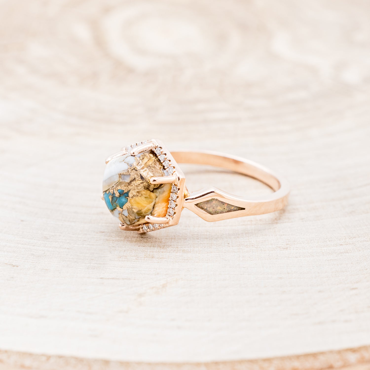 "CRAZY ON YOU" - HEXAGON SPINY OYSTER TURQUOISE ENGAGEMENT RING WITH DIAMOND HALO & FIRE AND ICE OPAL INLAYS-9