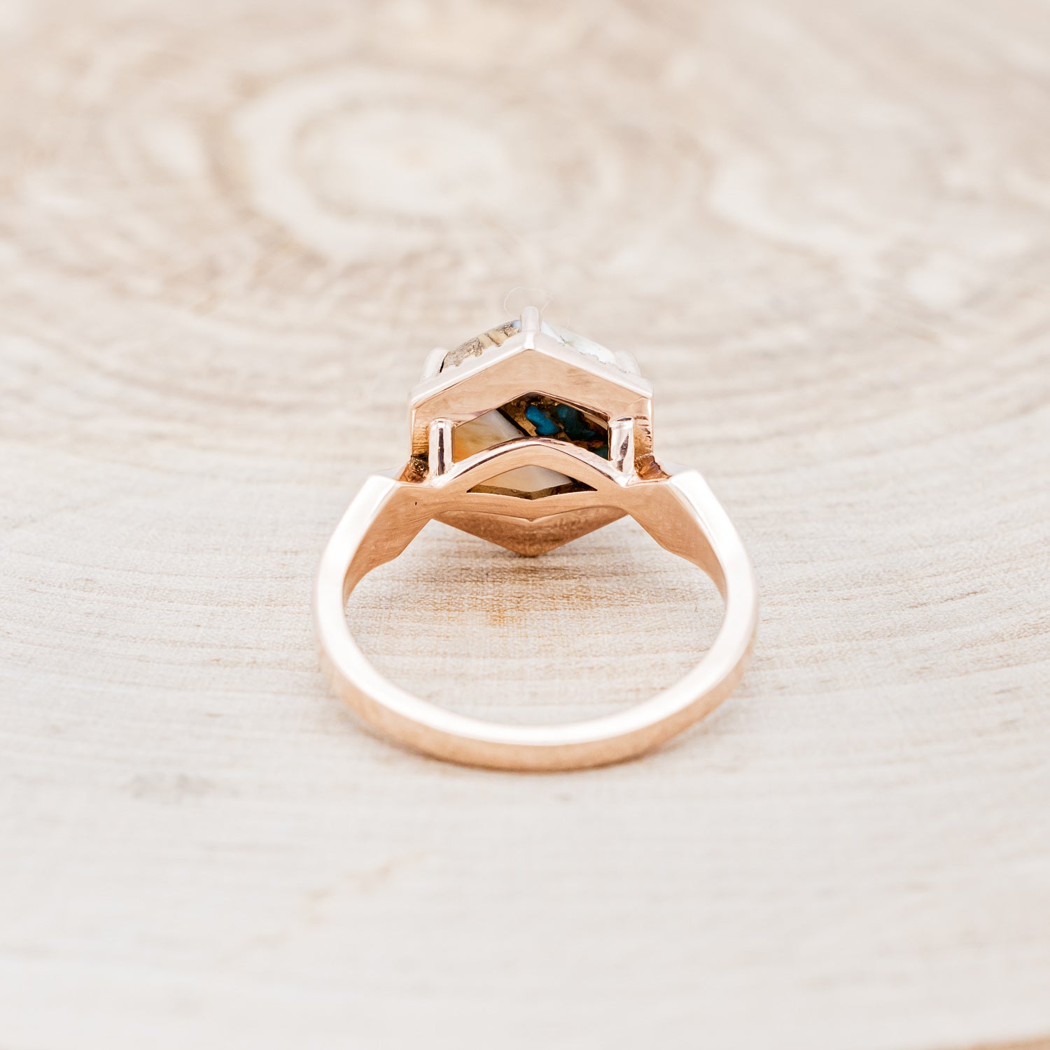 "CRAZY ON YOU" - HEXAGON SPINY OYSTER TURQUOISE ENGAGEMENT RING WITH DIAMOND HALO & FIRE AND ICE OPAL INLAYS-11