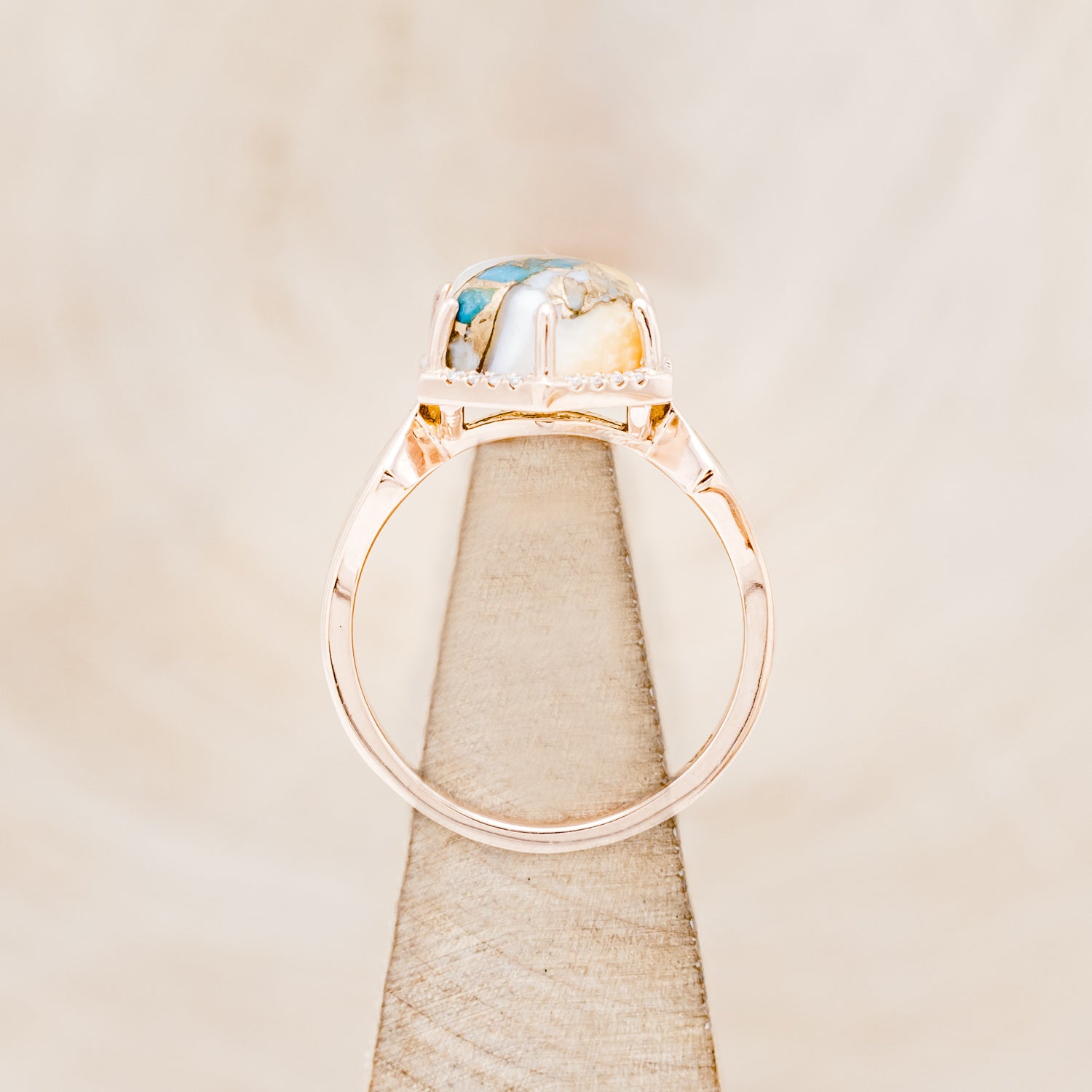 "CRAZY ON YOU" - HEXAGON SPINY OYSTER TURQUOISE ENGAGEMENT RING WITH DIAMOND HALO & FIRE AND ICE OPAL INLAYS-12