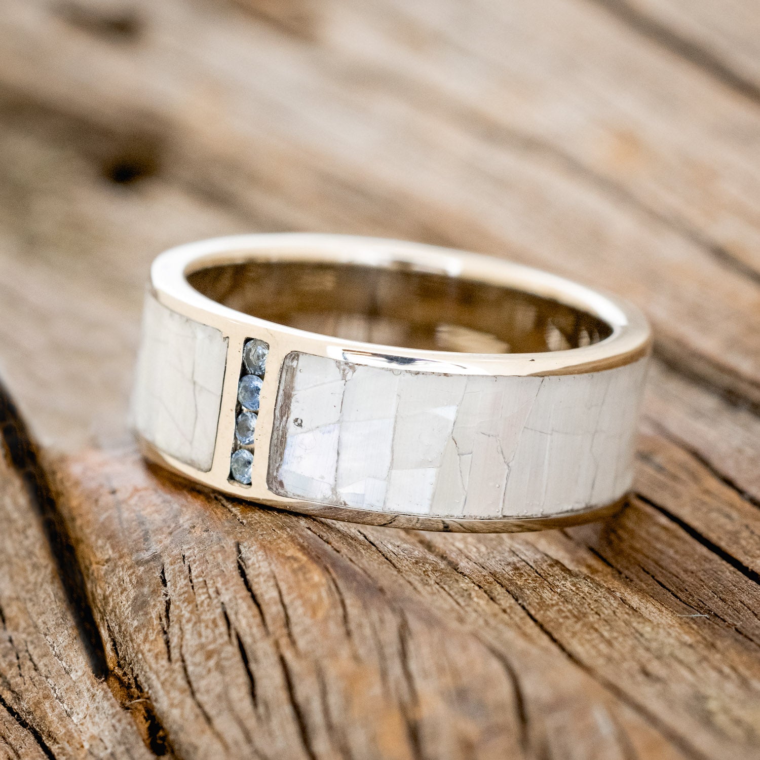 "CASPIAN" - MOTHER OF PEARL & AQUAMARINE WEDDING RING FEATURING A 14K GOLD BAND-2