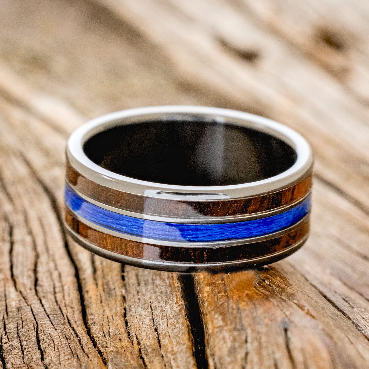 "RIO" - IRONWOOD & BLUE FISHING LINE WEDDING BAND-6