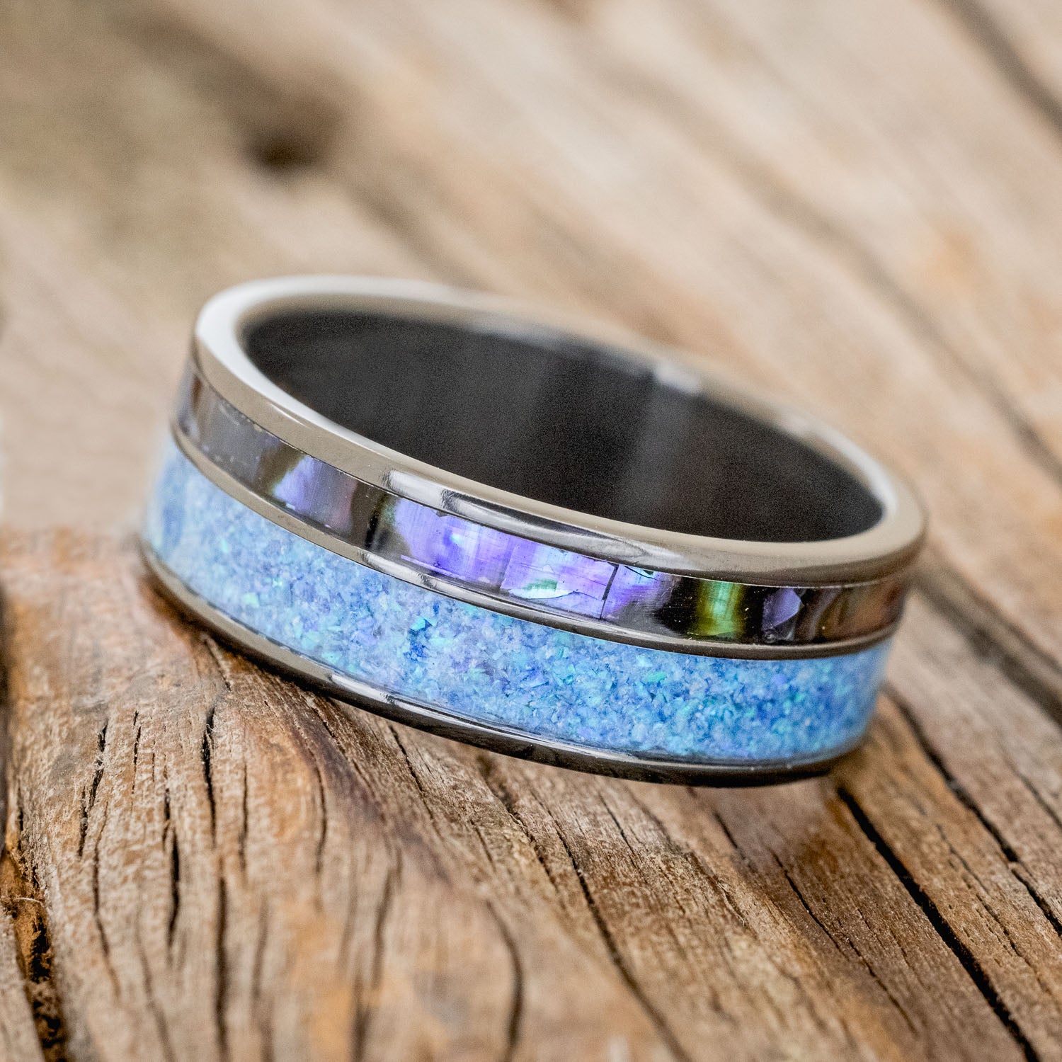 "RAPTOR" - PAUA SHELL & BLUE OPAL WEDDING BAND-5