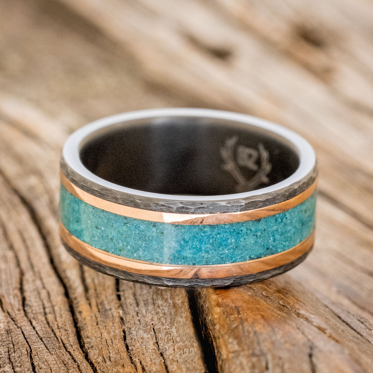 "HOLLIS" - CHRYSOCOLLA & 14K GOLD INLAYS WEDDING RING-3