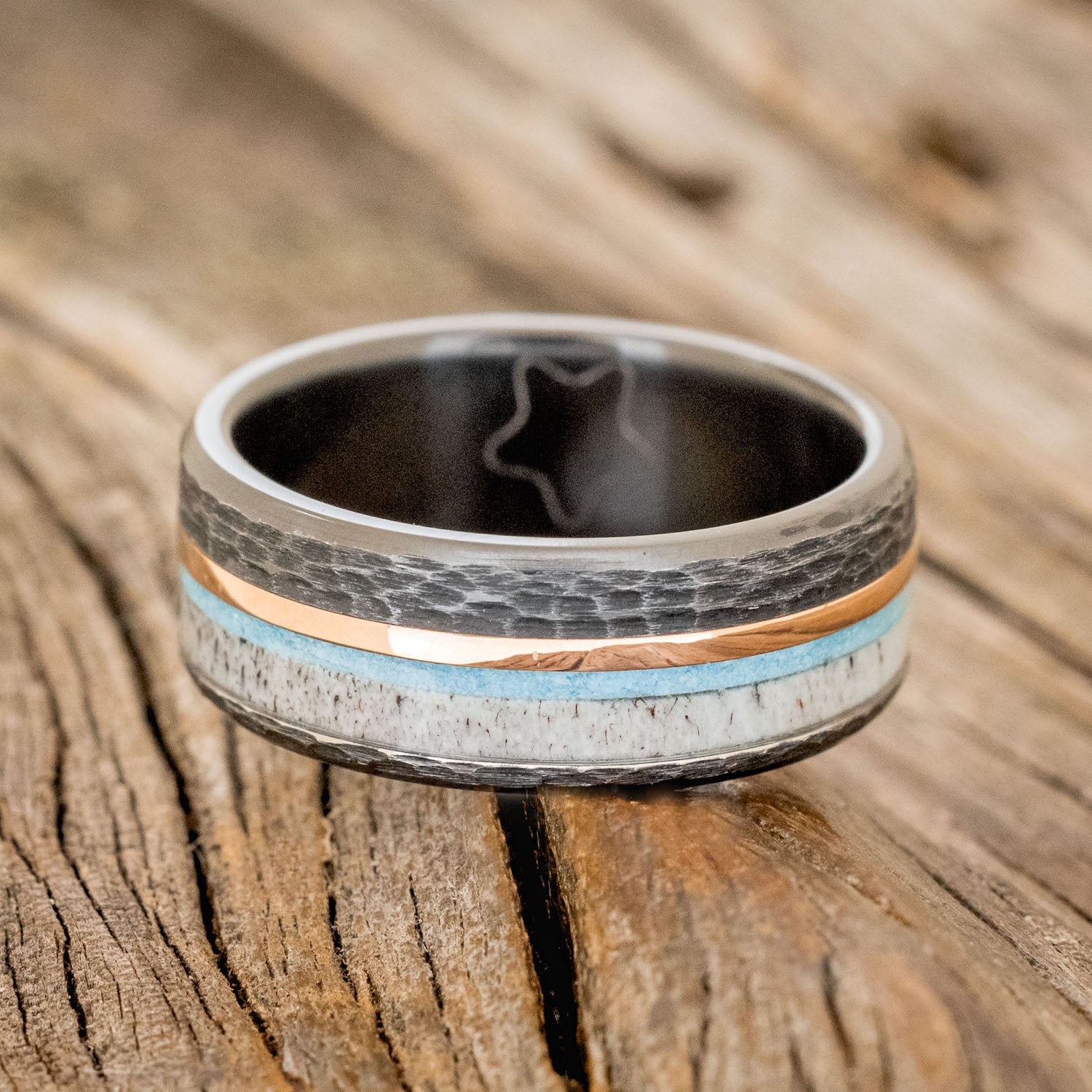 "TANNER" - ANTLER , TURQUOISE & 14K GOLD INLAY WEDDING RING-3