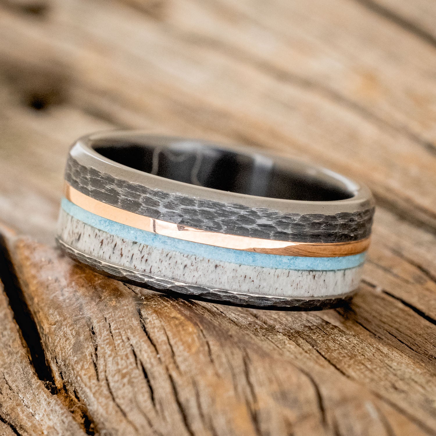 "TANNER" - ANTLER , TURQUOISE & 14K GOLD INLAY WEDDING RING-2
