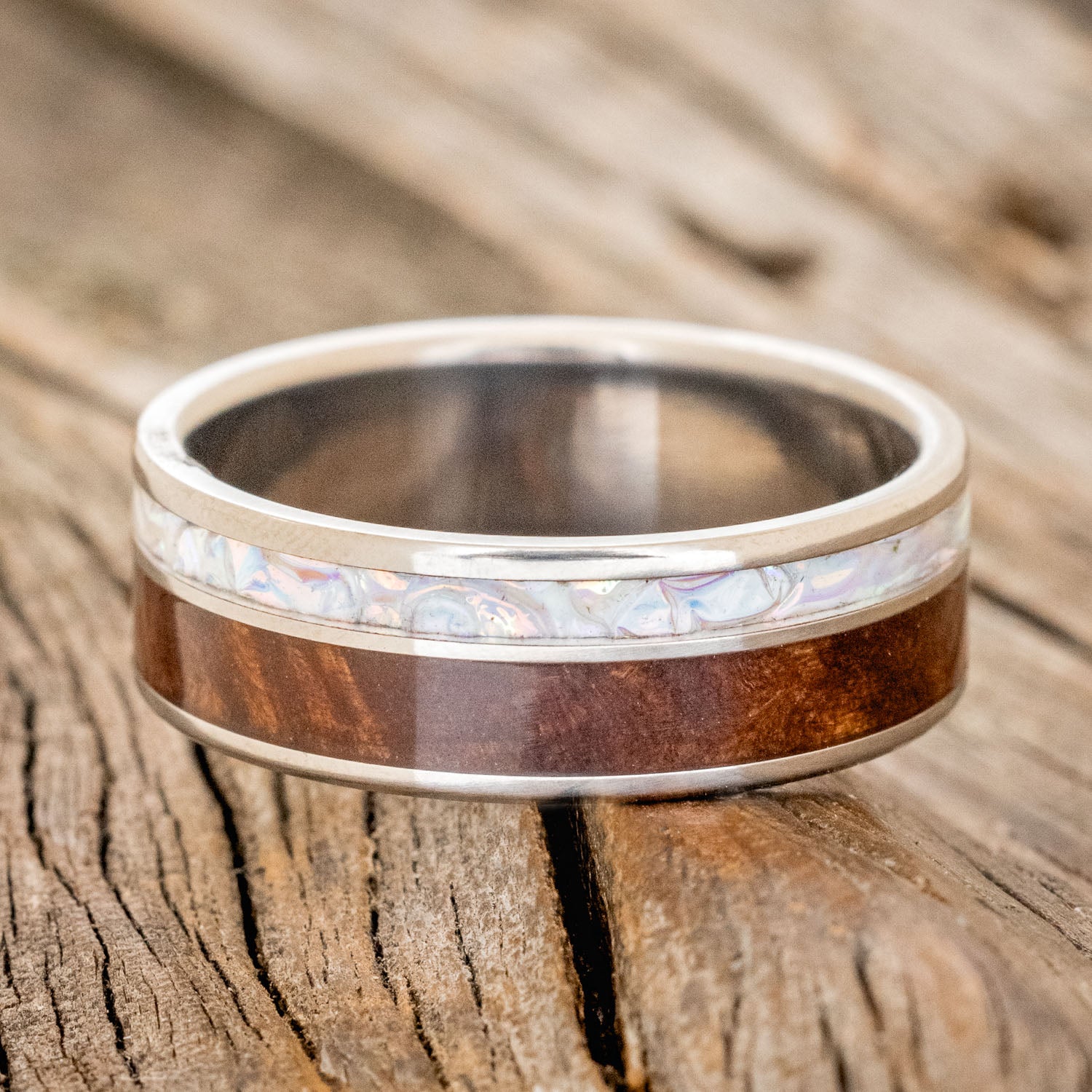 "RAPTOR" - KOA WOOD & PEARL BURL DICHROLAM INLAY WEDDING BAND-3