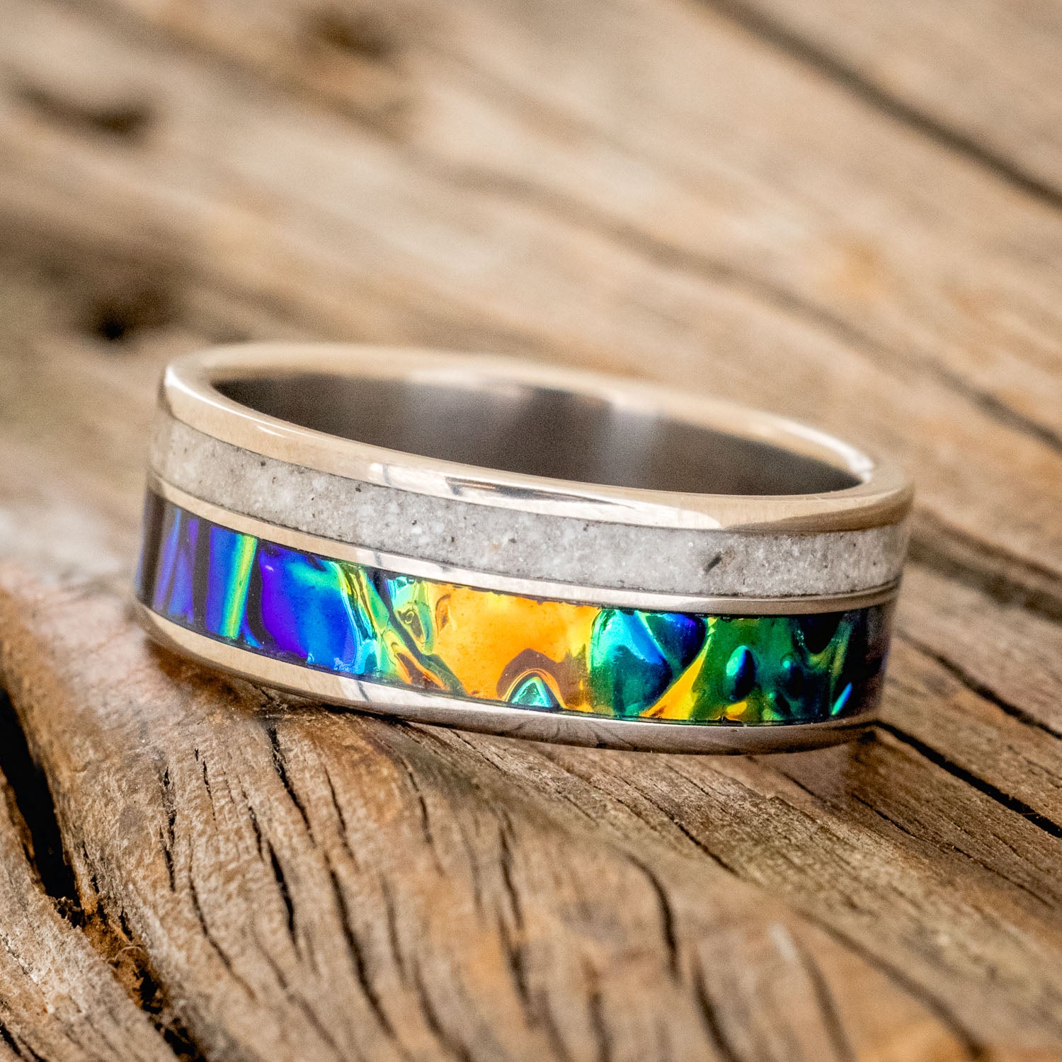 "RAPTOR" - BLACK SEA DICHROLAM & WHITE SAND INLAY WEDDING BAND-2
