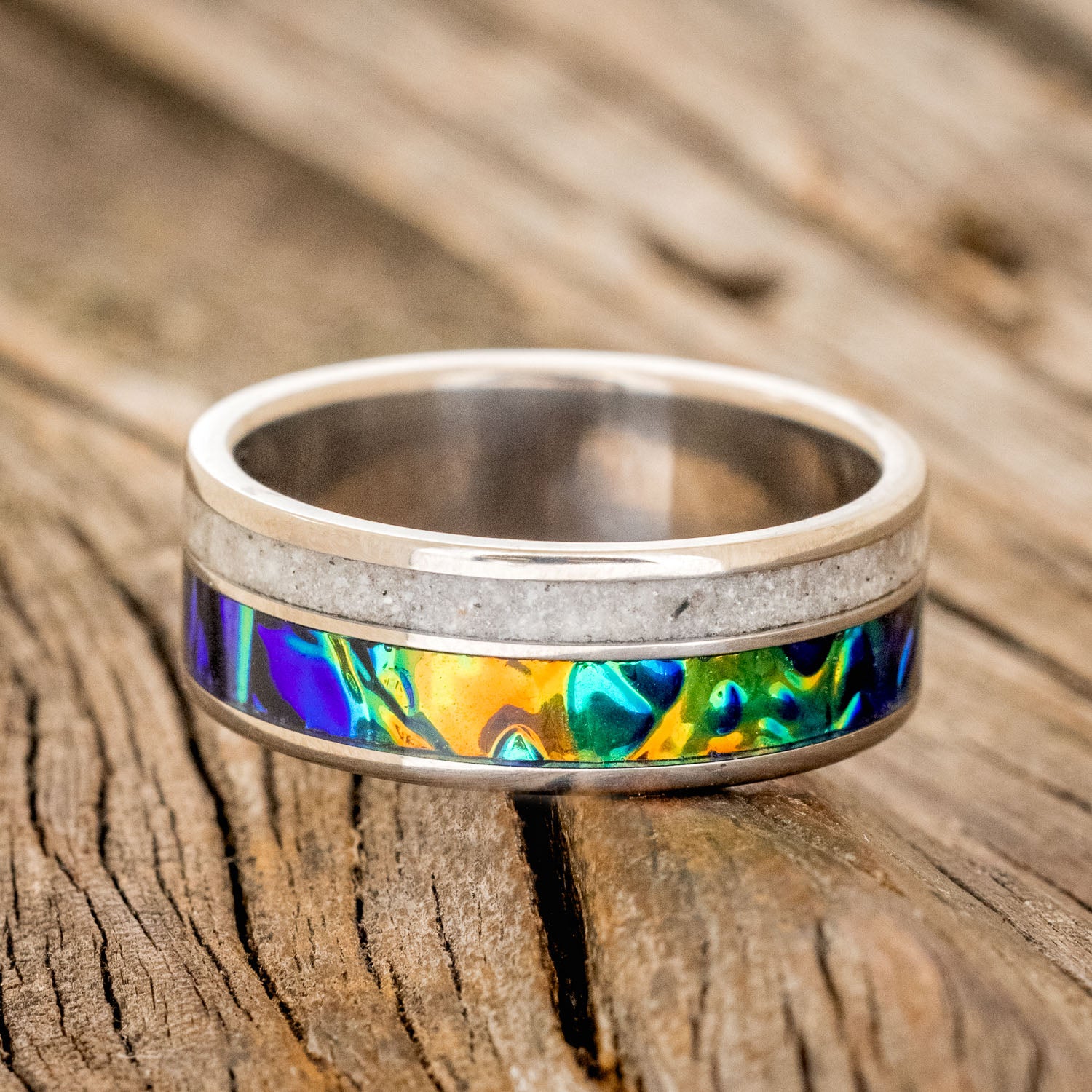 "RAPTOR" - BLACK SEA DICHROLAM & WHITE SAND INLAY WEDDING BAND-3