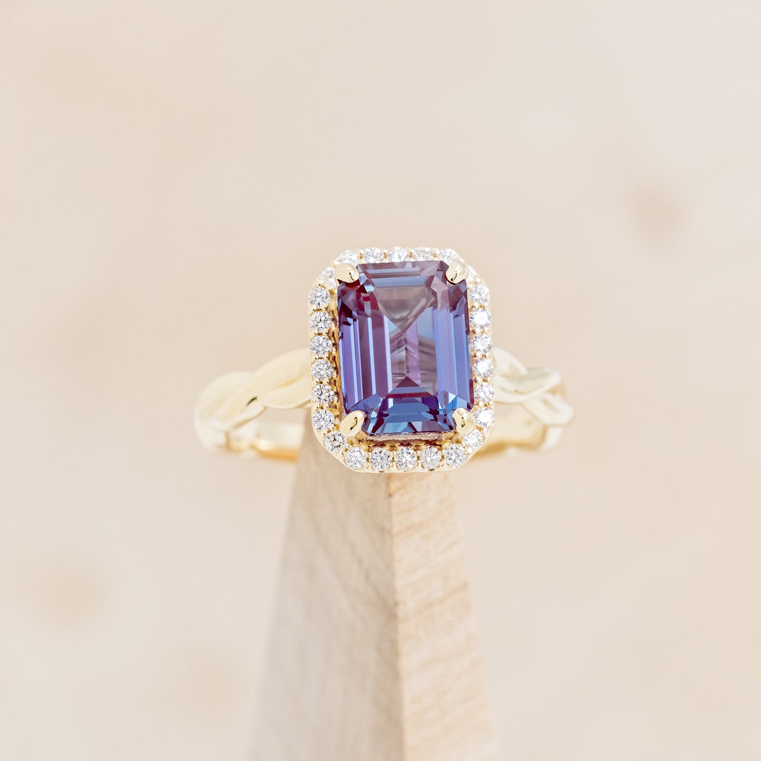 "EVERLEIGH" - EMERALD CUT LAB-GROWN ALEXANDRITE WEDDING BAND SET WITH DIAMOND HALO & TWISTED STACKING BAND-7