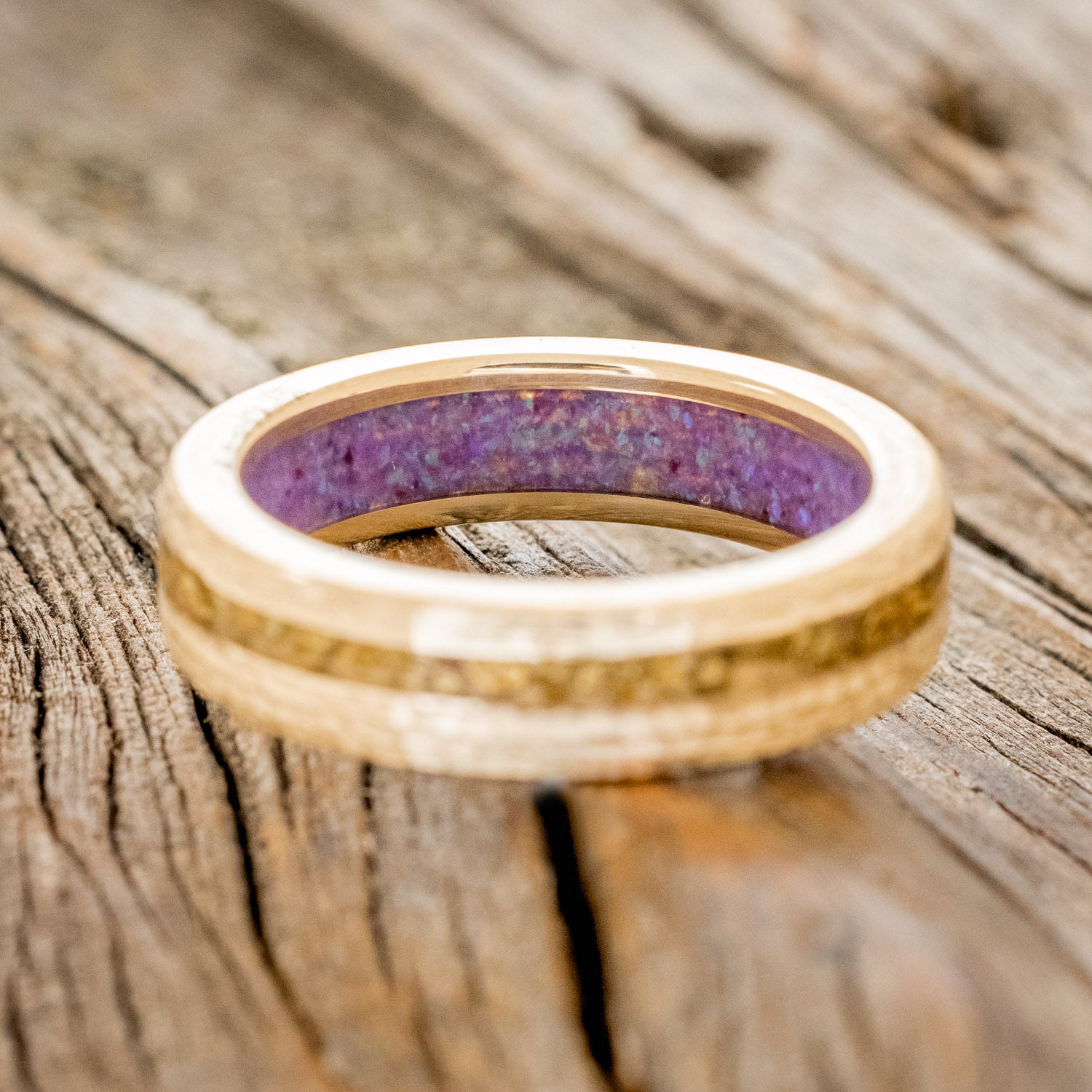 "VERTIGO" - GOLD NUGGETS INLAY WEDDING RING FEATURING A LAVENDER OPAL LINING WITH A HAMMERED FINISH-6