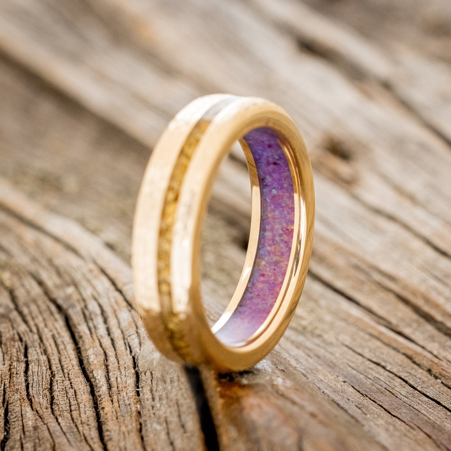 "VERTIGO" - GOLD NUGGETS INLAY WEDDING RING FEATURING A LAVENDER OPAL LINING WITH A HAMMERED FINISH-4
