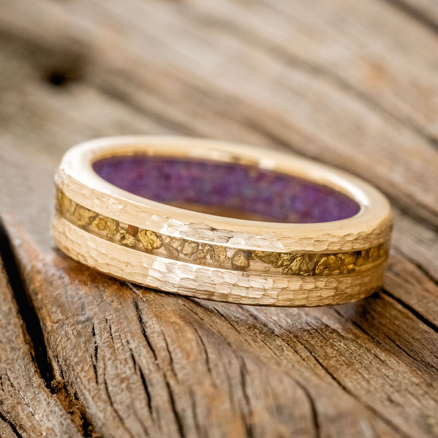 "VERTIGO" - GOLD NUGGETS INLAY WEDDING RING FEATURING A LAVENDER OPAL LINING WITH A HAMMERED FINISH-2