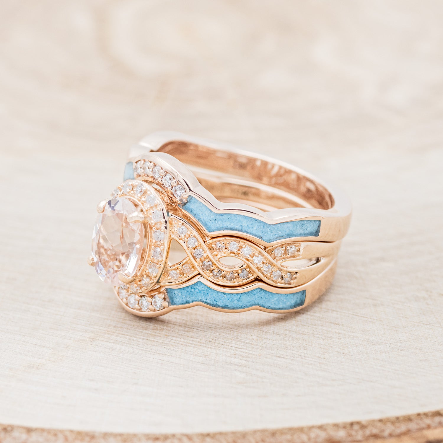 "CLAUDIA" - BRIDAL SUITE - OVAL MORGANITE ENGAGEMENT RING WITH DIAMOND ACCENTS & TRACERS-3