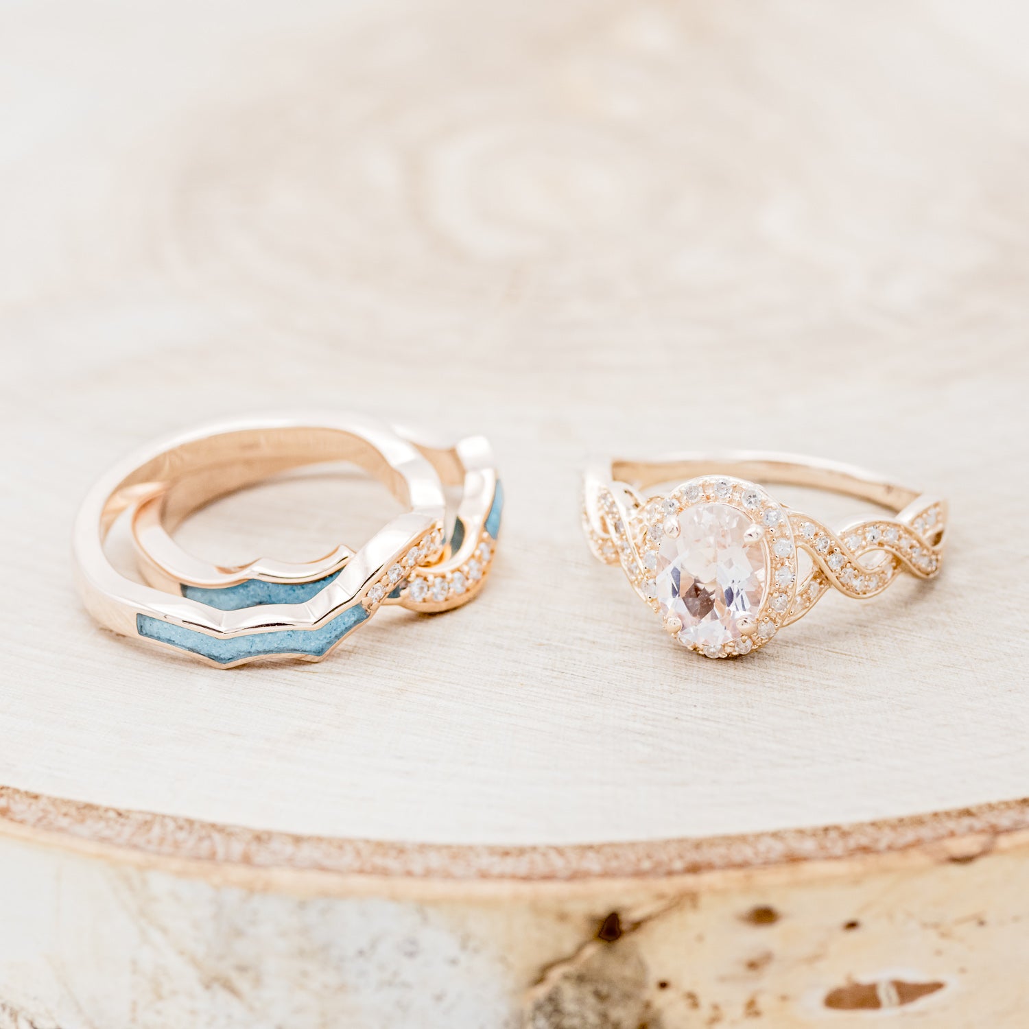 "CLAUDIA" - BRIDAL SUITE - OVAL MORGANITE ENGAGEMENT RING WITH DIAMOND ACCENTS & TRACERS-6