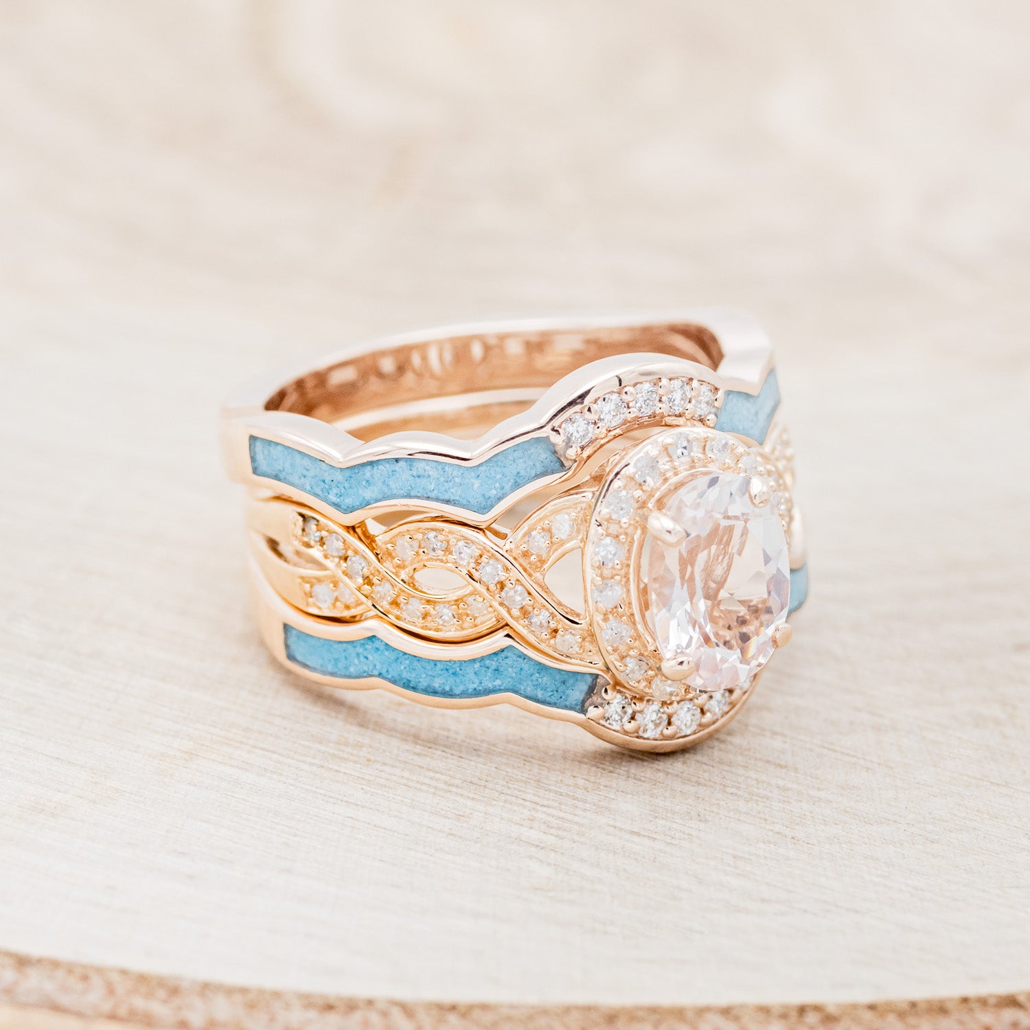 "CLAUDIA" - BRIDAL SUITE - OVAL MORGANITE ENGAGEMENT RING WITH DIAMOND ACCENTS & TRACERS-2