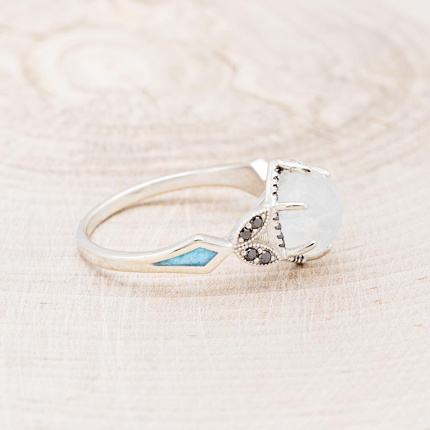 "LUCY IN THE SKY" - FACETED HEXAGON MOONSTONE ENGAGEMENT RING WITH BLACK DIAMOND HALO & TURQUOISE INLAYS-2