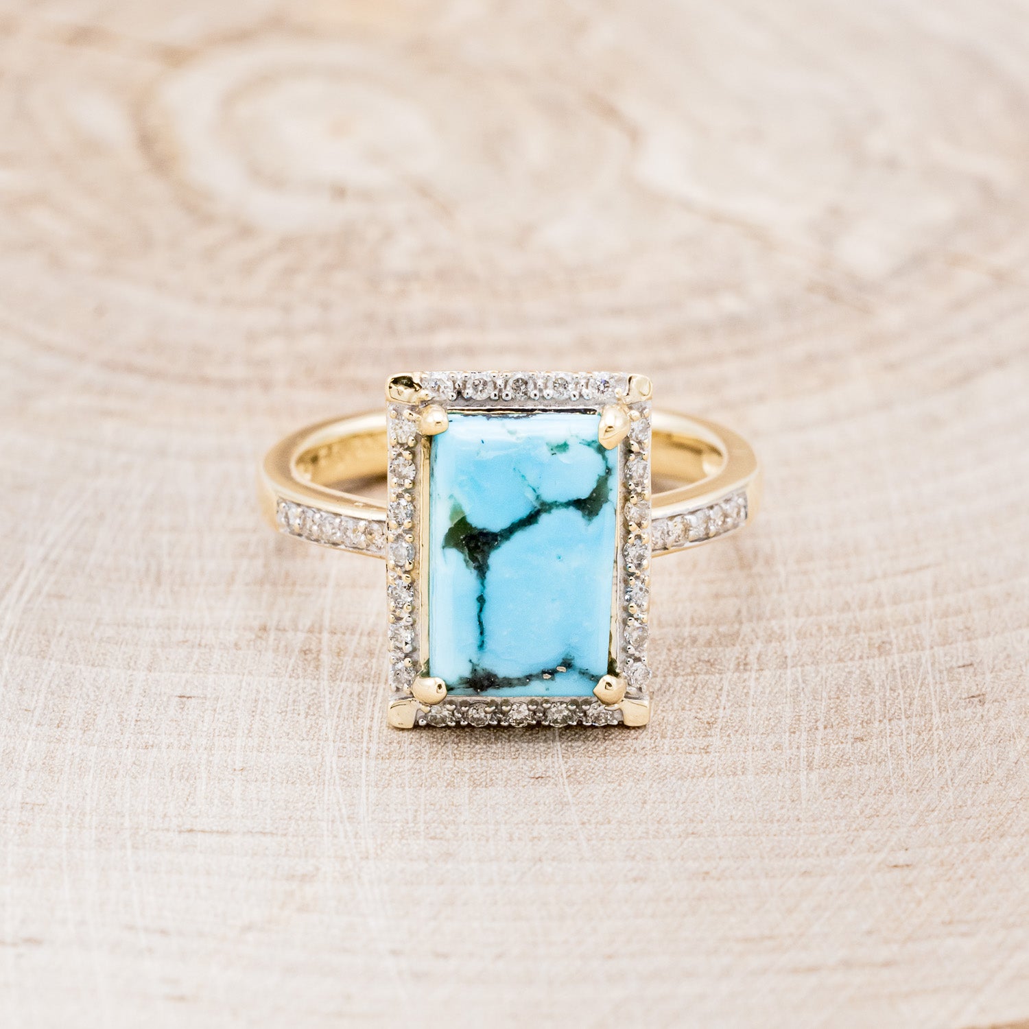 "SIENNA" - EMERALD CUT TURQUOISE ENGAGEMENT RING WITH DIAMOND HALO & ACCENTS-4