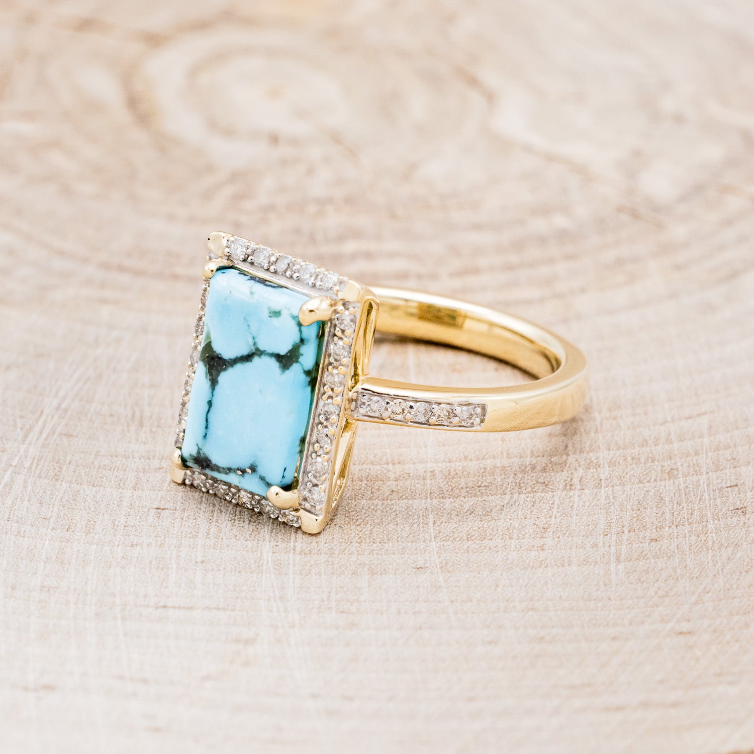 "SIENNA" - EMERALD CUT TURQUOISE ENGAGEMENT RING WITH DIAMOND HALO & ACCENTS-3