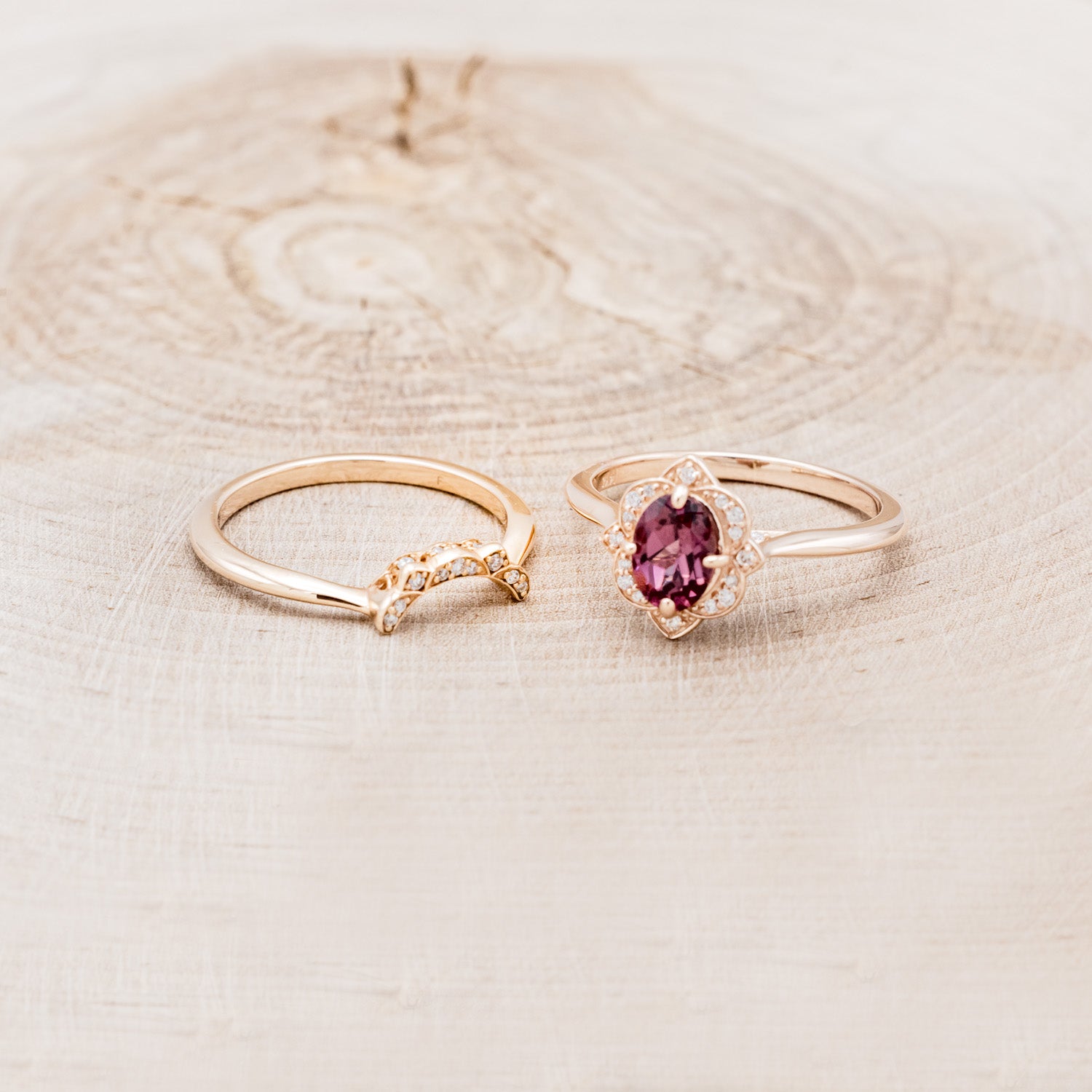 "JANE" - OVAL CUT RHODOLITE GARNET ENGAGEMENT RING WITH DIAMOND ACCENTS & TRACER-6
