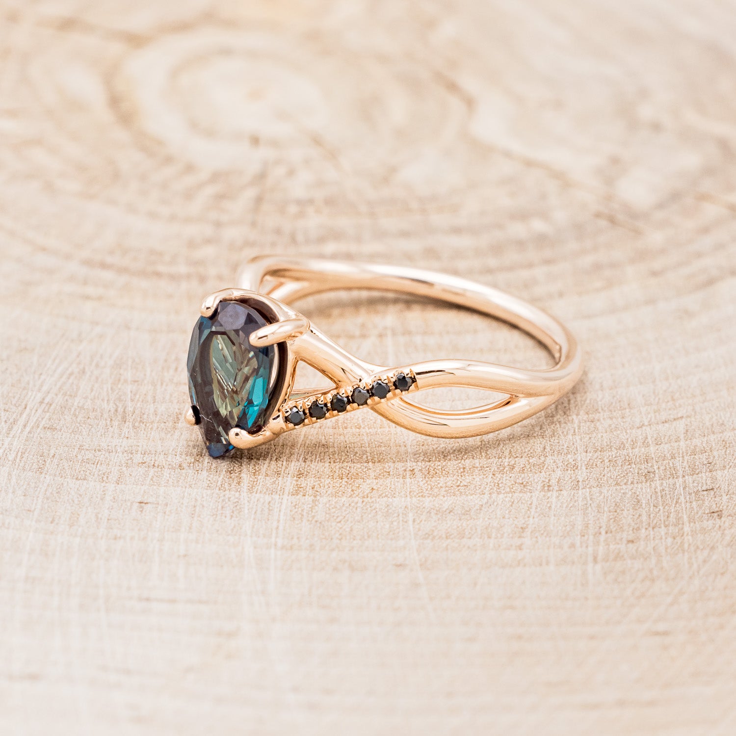 "ROSLYN" - PEAR SHAPED LAB-GROWN ALEXANDRITE ENGAGEMENT RING WITH BLACK DIAMOND ACCENTS-3