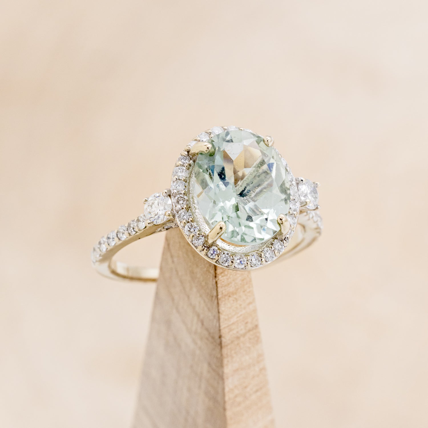 "KB" - OVAL PRASIOLITE GREEN QUARTZ ENGAGEMENT RING WITH DIAMOND HALO & ACCENTS-7