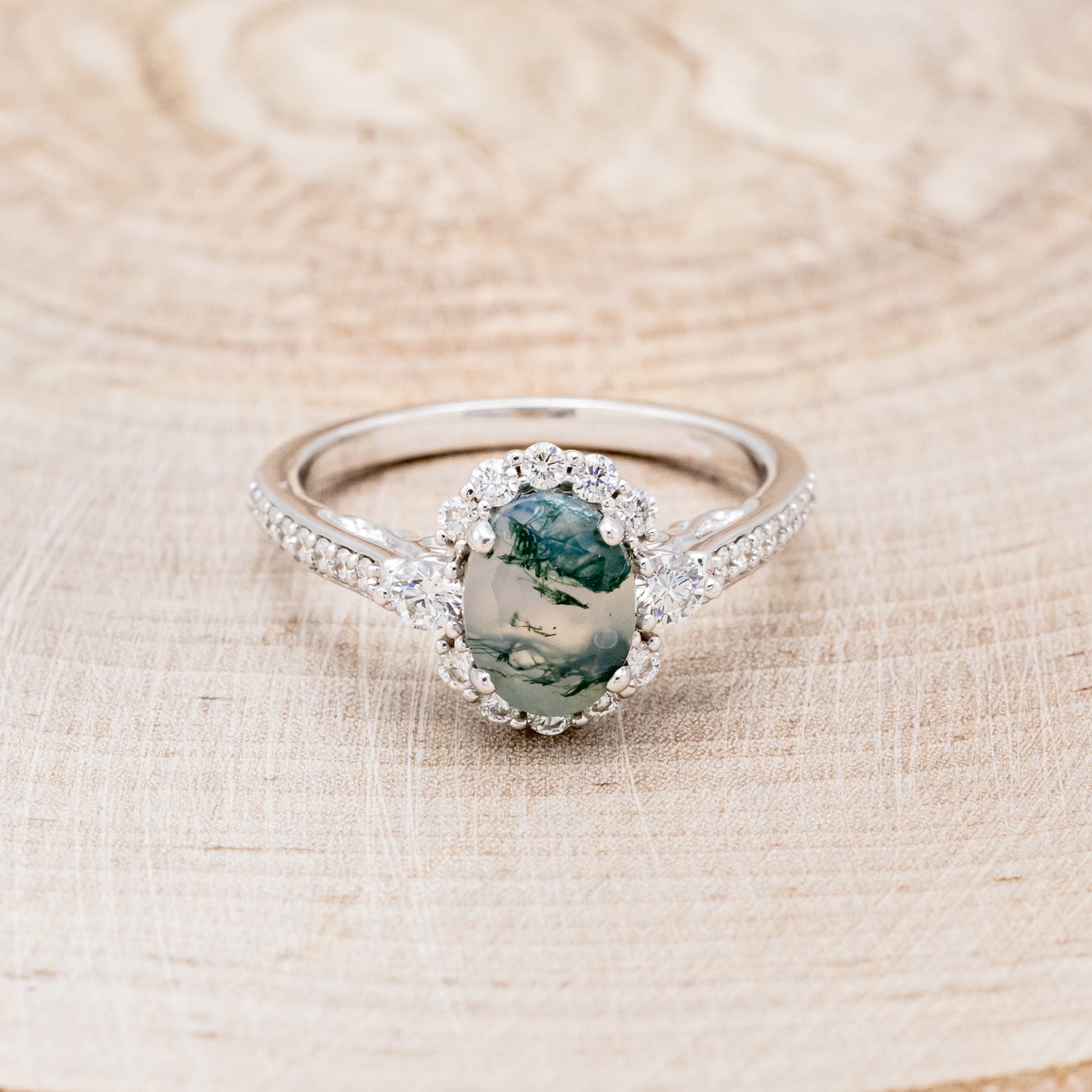 "OPHELIA" - OVAL MOSS AGATE ENGAGEMENT RING WITH DIAMOND HALO & ACCENTS-4