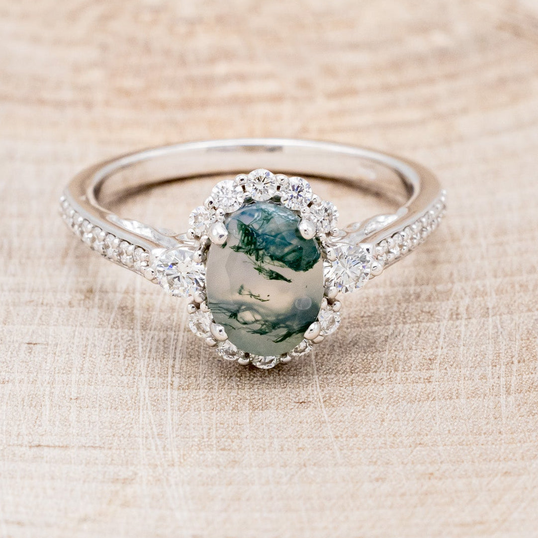 "OPHELIA" - OVAL MOSS AGATE ENGAGEMENT RING WITH DIAMOND HALO & ACCENTS-4