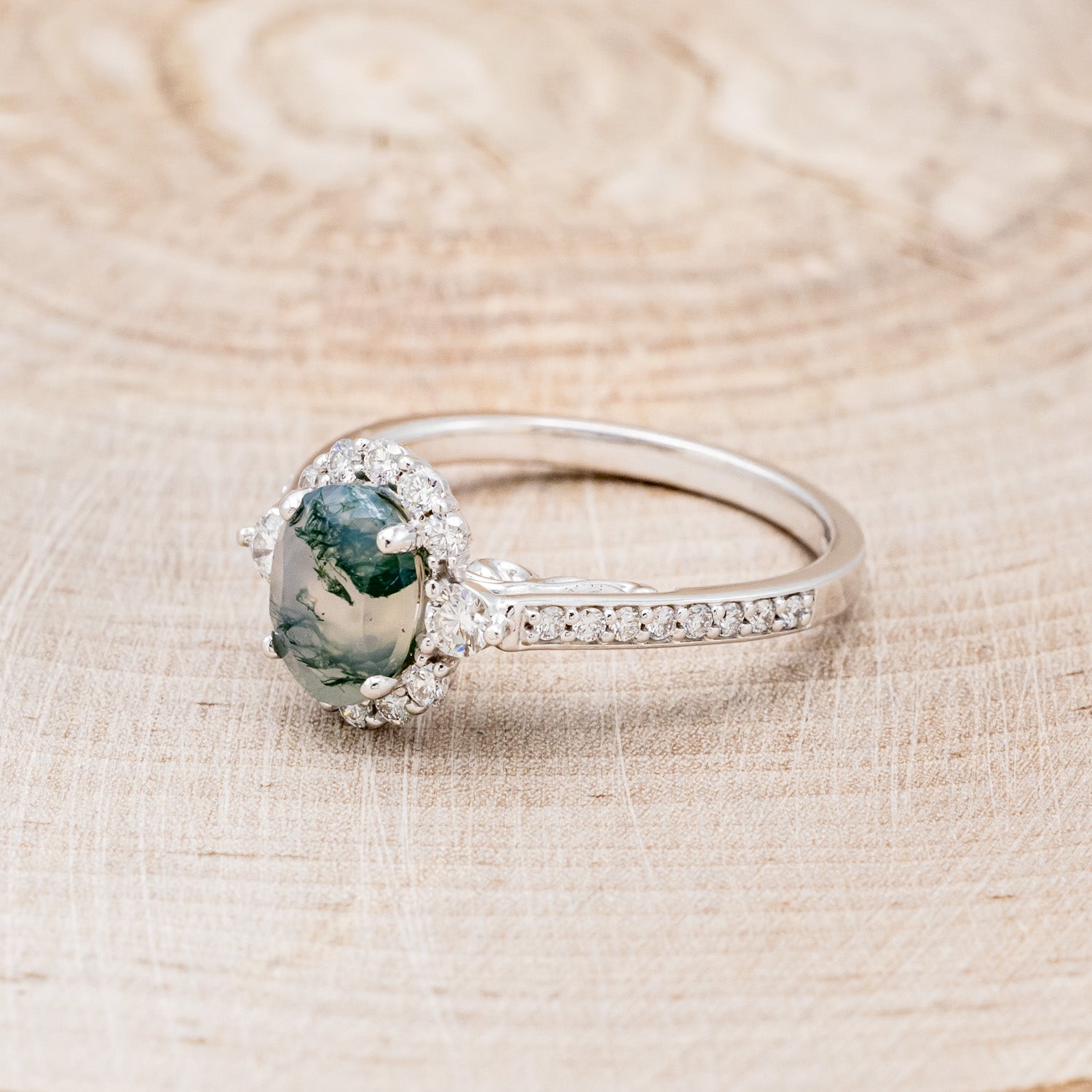 "OPHELIA" - OVAL MOSS AGATE ENGAGEMENT RING WITH DIAMOND HALO & ACCENTS-3