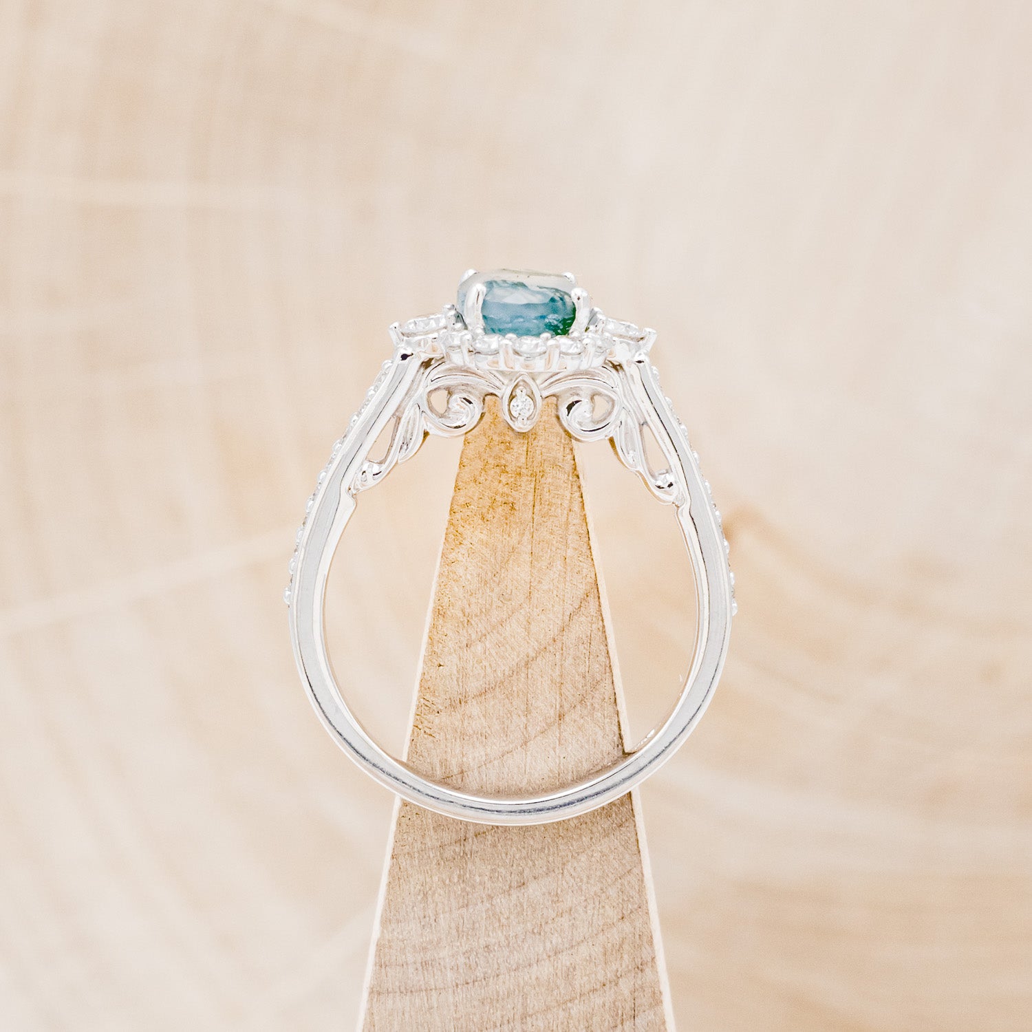 "OPHELIA" - OVAL MOSS AGATE ENGAGEMENT RING WITH DIAMOND HALO & ACCENTS-6