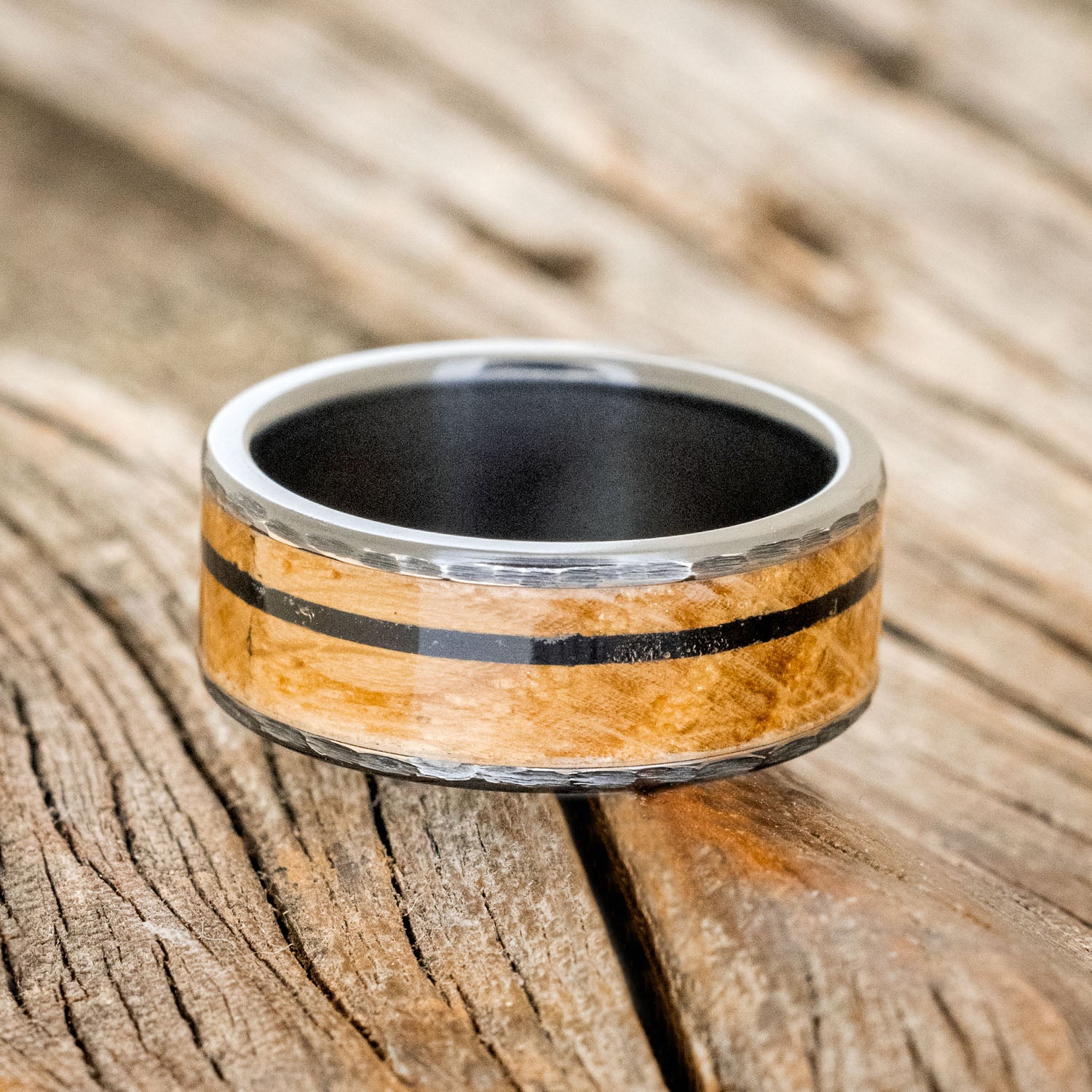 "RAINIER" - WHISKEY BARREL & OFFSET CHARRED WHISKEY BARREL WEDDING BAND WITH A HAMMERED EDGES-3