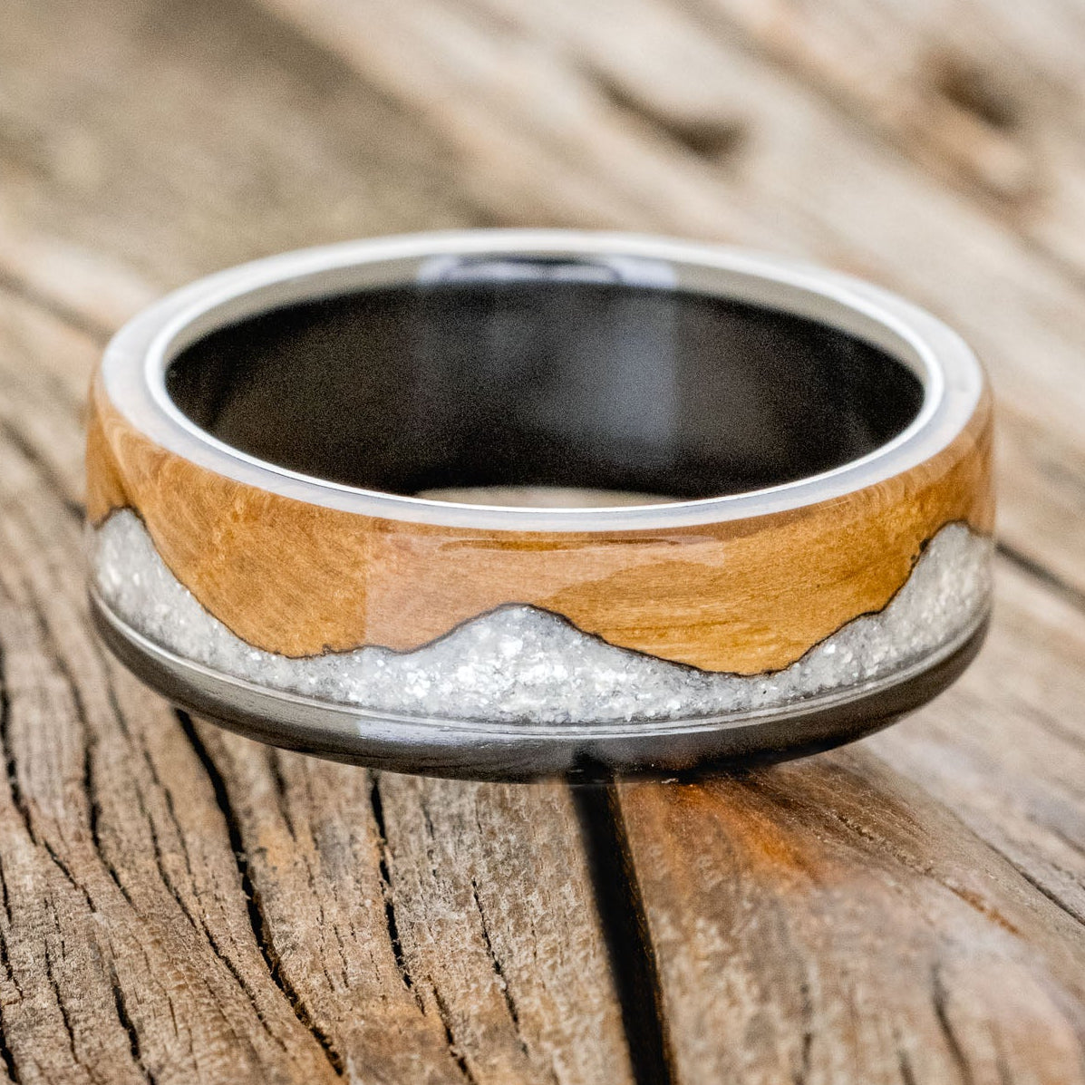 "EZRA" - WHISKEY BARREL OAK WITH DIAMOND DUST WEDDING RING-6