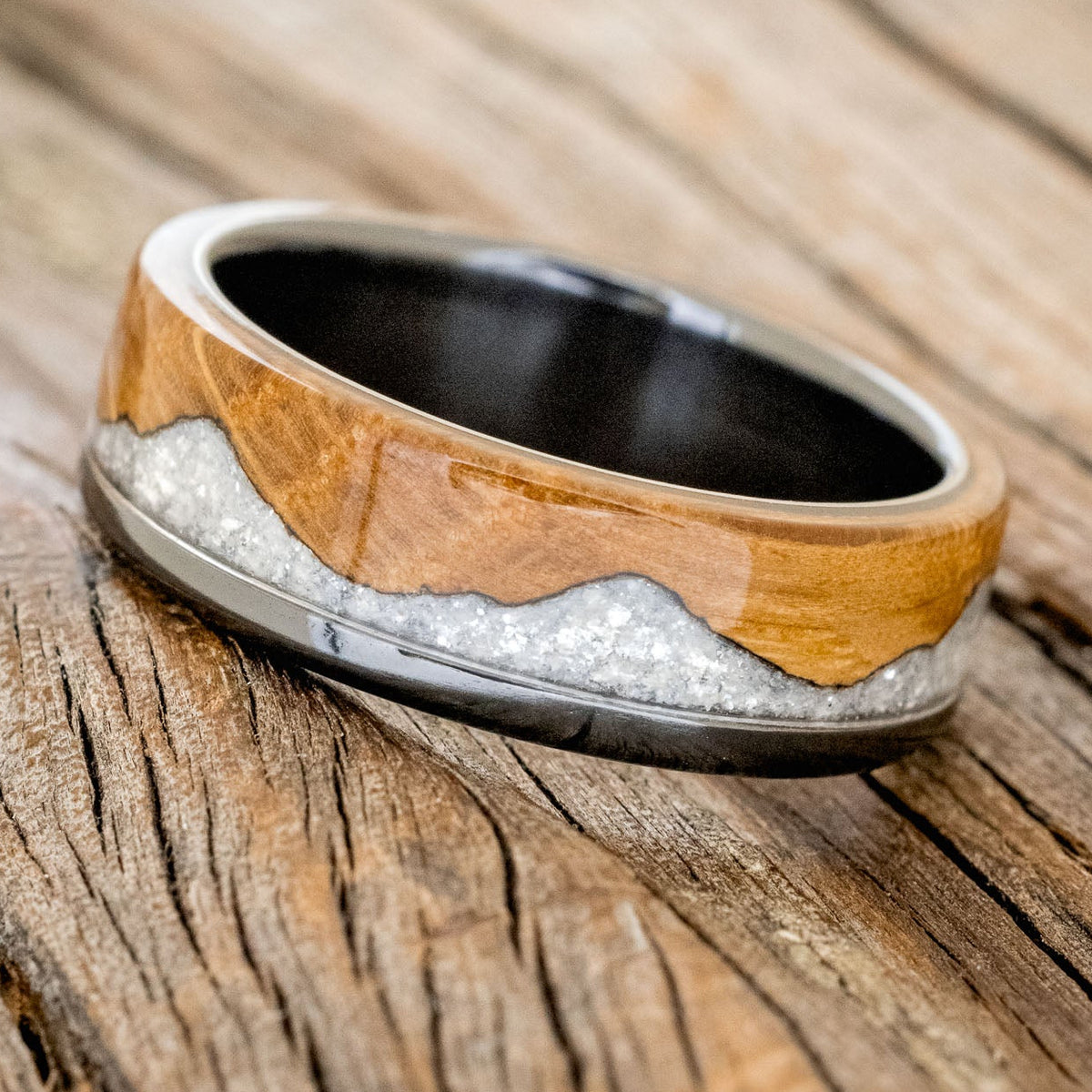 "EZRA" - WHISKEY BARREL OAK WITH DIAMOND DUST WEDDING RING-5