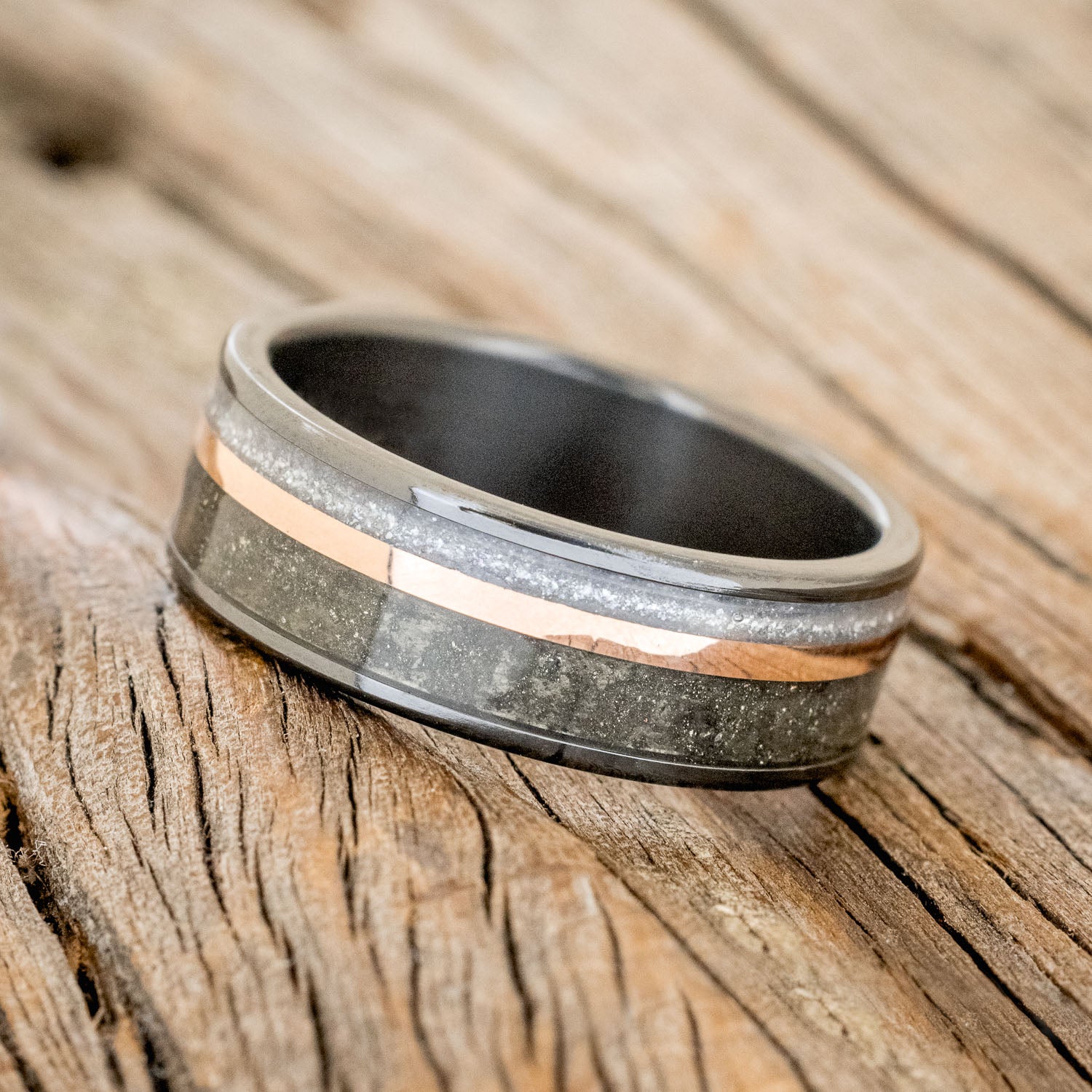 "ELEMENT" - PYRITE, DIAMOND DUST & 14K ROSE GOLD INLAY WEDDING BAND-5